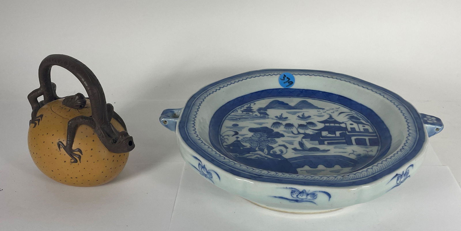A CANTON FOOD WARMER AND A DRAGON TEAPOT. 11" X 9.5" 2.75" AND 6" X 3.5" X 5" (1 of 6)