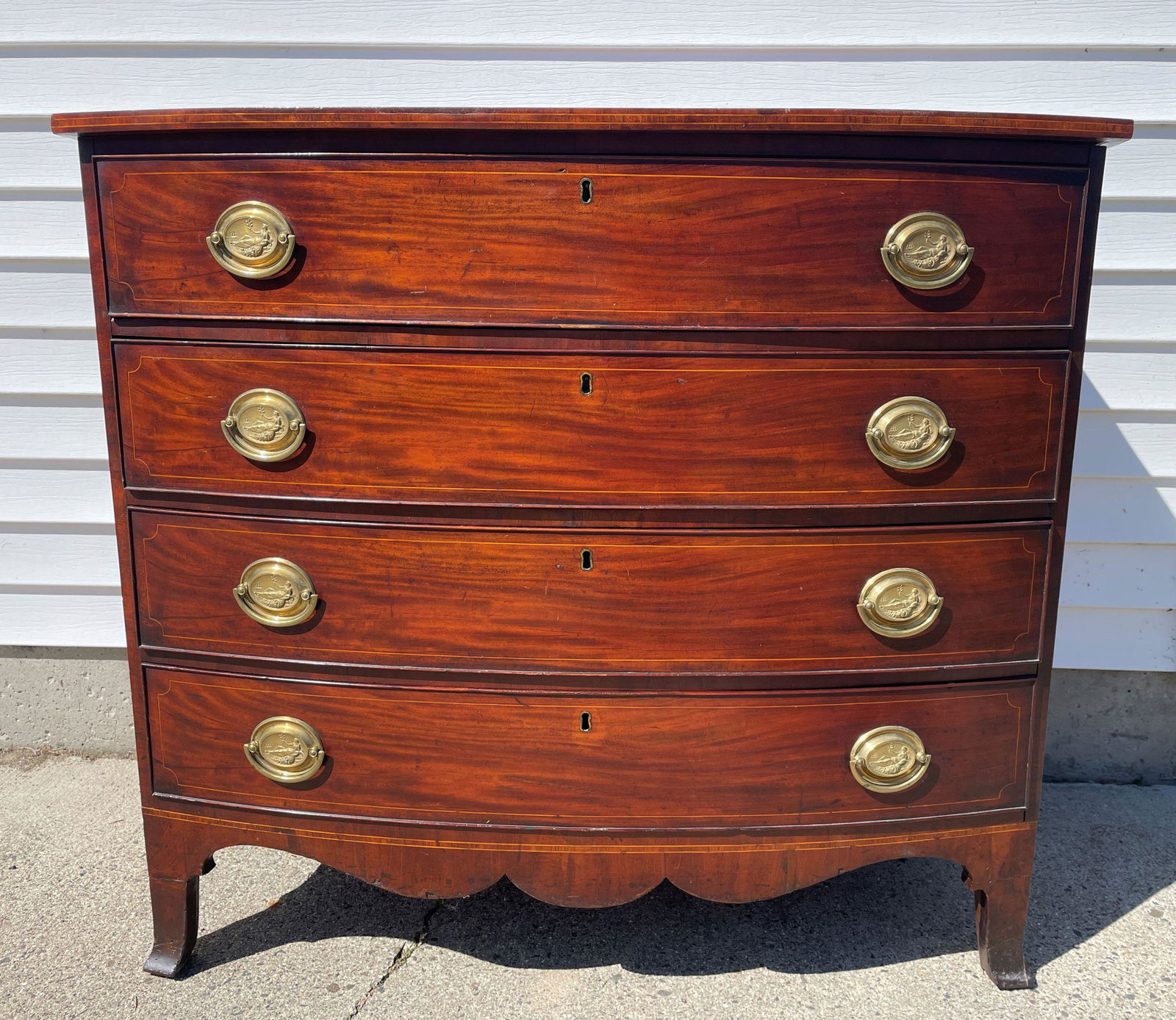 AN EARLY 19TH CENTURY ALL ORIGINAL HEPPLEWHITE BOWFRONT CHEST WITH BRASS PULLS 41" X 21.5" X 46" (1 of 8)