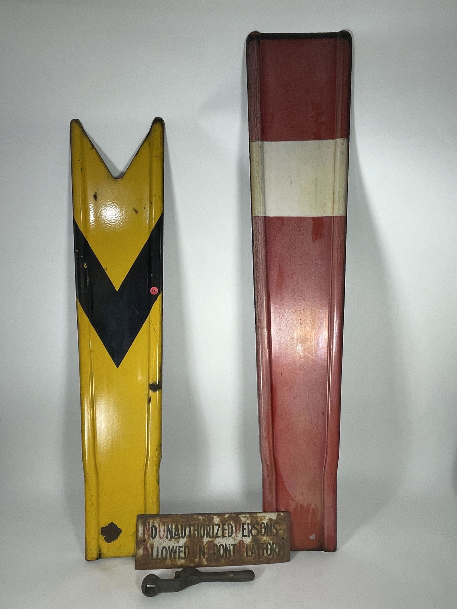 THREE ANTIQUE RAILROAD SIGNS AND A RAILROAD WRENCH 36" X 6" AND SMALLER (1 of 3)