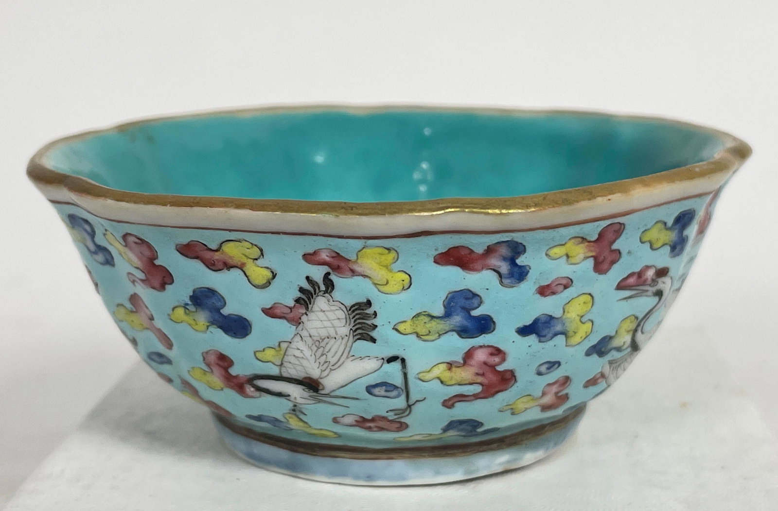 AN EXTREMELY FINE ANTIQUE ENAMEL CHINESE BOWL W/ CRANES SIGNED ON BASE, 3.5" X 1.5": AN EXTREMELY FINE ANTIQUE ENAMEL CHINESE BOWL W/ CRANES SIGNED ON BASE, 3.5" X 1.5"