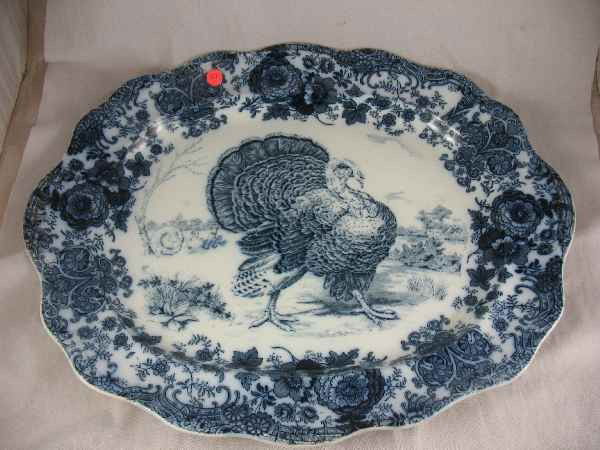 ANTIQUE RIDGEWAYS 21.5" X17.5" FLOW BLUE TURKE: ANTIQUE RIDGEWAYS 21.5" X17.5" FLOW BLUE TURKEY PLATTER