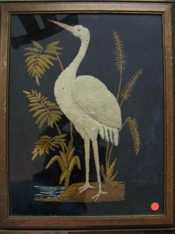 19TH CENTURY NEEDLEPOINT OF A CRANE 18"X23": 19TH CENTURY NEEDLEPOINT OF A CRANE 18"X23"