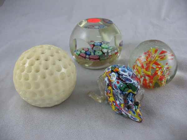 FOUR PAPERWEIGHTS. 1 MURANO MILLEFIORE MOUSE: FOUR PAPERWEIGHTS. 1 MURANO MILLEFIORE MOUSE A GOLF BALL AND MORE
