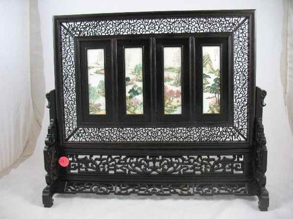 CHINESE CARVED AND PAINTED TEAK AND IVORY TABL: CHINESE CARVED AND PAINTED TEAK AND IVORY TABLE SCREEN