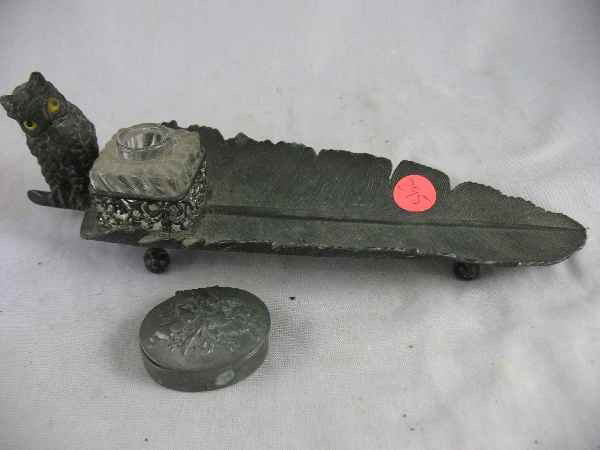QUILL PEN AND OWL FIGURAL INKWELL WITH SMALL E: QUILL PEN AND OWL FIGURAL INKWELL WITH SMALL ENGLISH PEWTER SNUFF BOX.