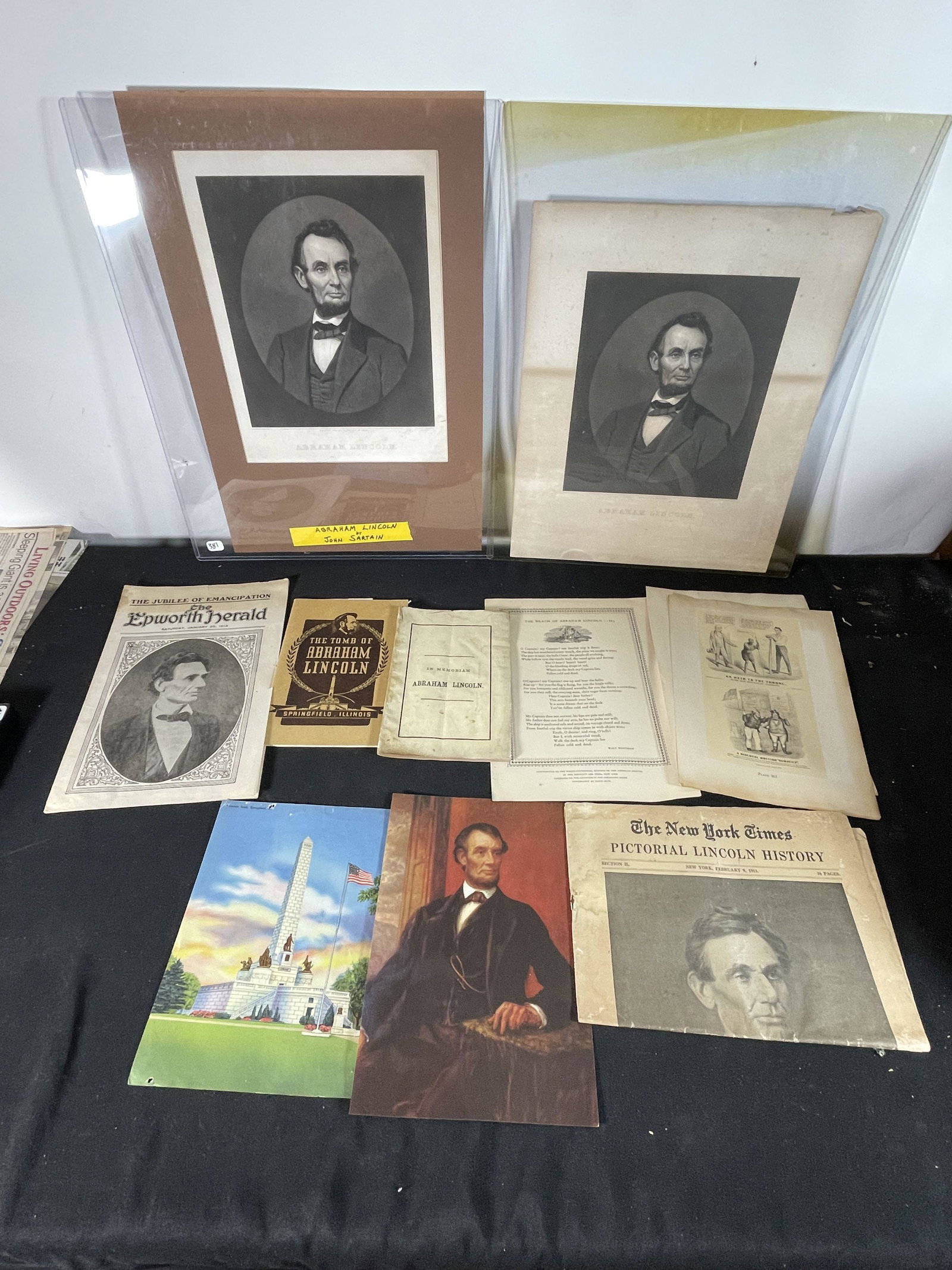 2 LARGE 19TH CENTURY LINCOLN PRINTS AND MISC LINCOLN EPHEMERA: 2 LARGE 19TH CENTURY LINCOLN PRINTS AND MISC LINCOLN EPHEMERA, 12" X 17"