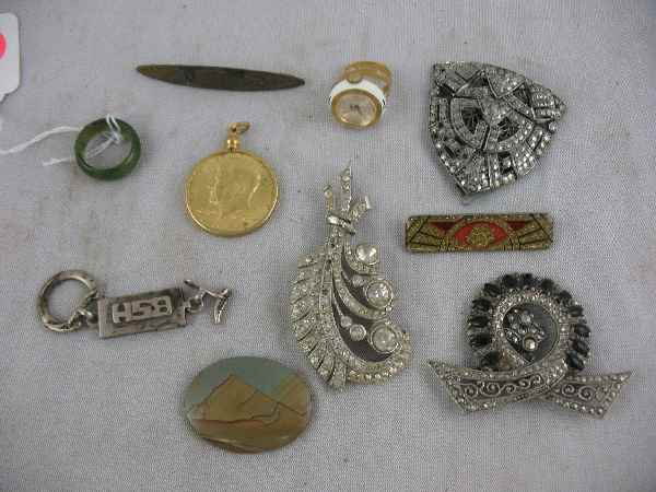JEWELRY LOT INC. VICTORIAN RHINESTONE PINS, ST: JEWELRY LOT INC. VICTORIAN RHINESTONE PINS, STERLING SILVER KEYCHAIN, JADE RING, ETC.