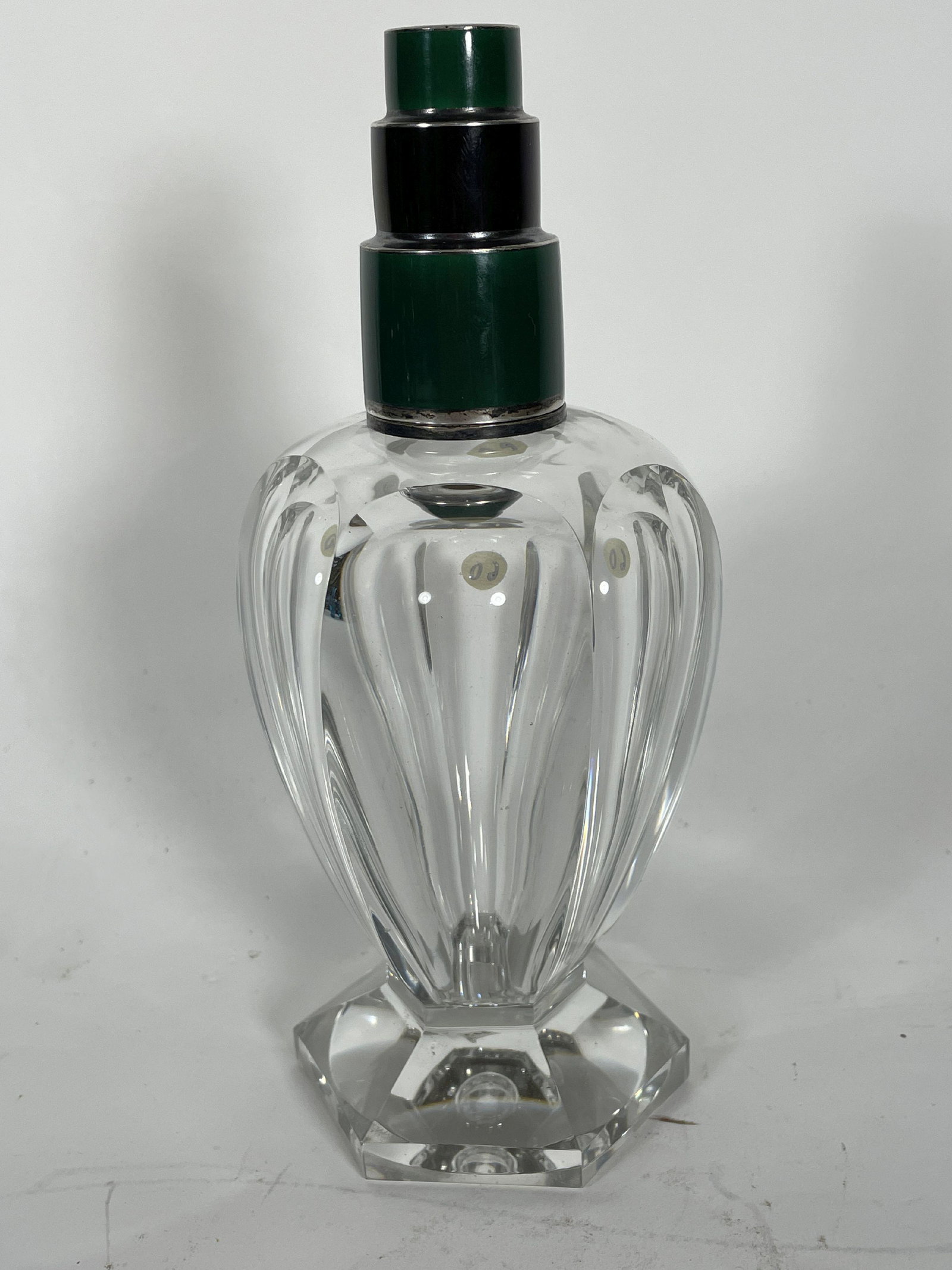 AN ART DECO BACCARAT PERFUME BURNER WITH STERLING SILVER AND ENAMEL ART DECO TOP, 8": AN ART DECO BACCARAT PERFUME BURNER WITH STERLING SILVER AND ENAMEL ART DECO TOP, 8"