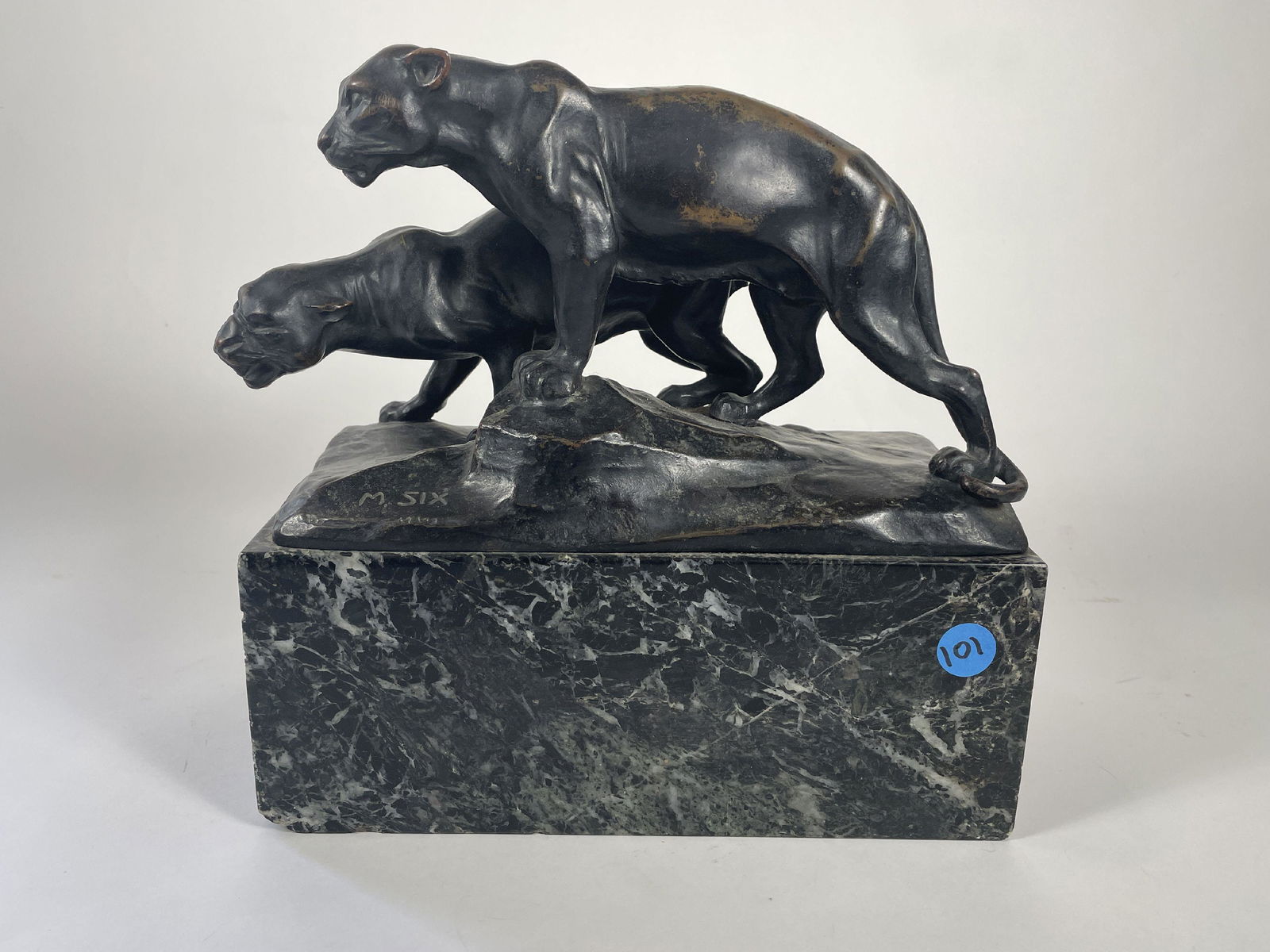 A MICHAEL SIX BRONZE SCULPTURE OF TWO LIONS ON A MARBLE BASE, 11.5" X 5" X 10.5" (1 of 6)