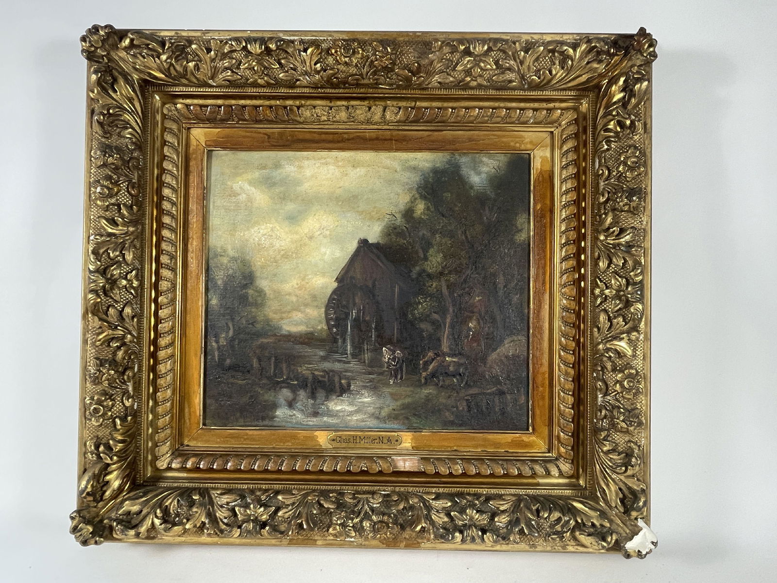 CHARLES H. MILLER OIL PAINTING ON CANVAS IN GILT GESSO FRAME, SIGNED. 23.5" X 21" FRAMED AND 13.5" X (1 of 5)
