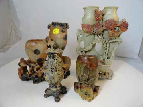 4 ANTIQUE CARVED SOAPSTONE VASES: 4 ANTIQUE CARVED SOAPSTONE VASES