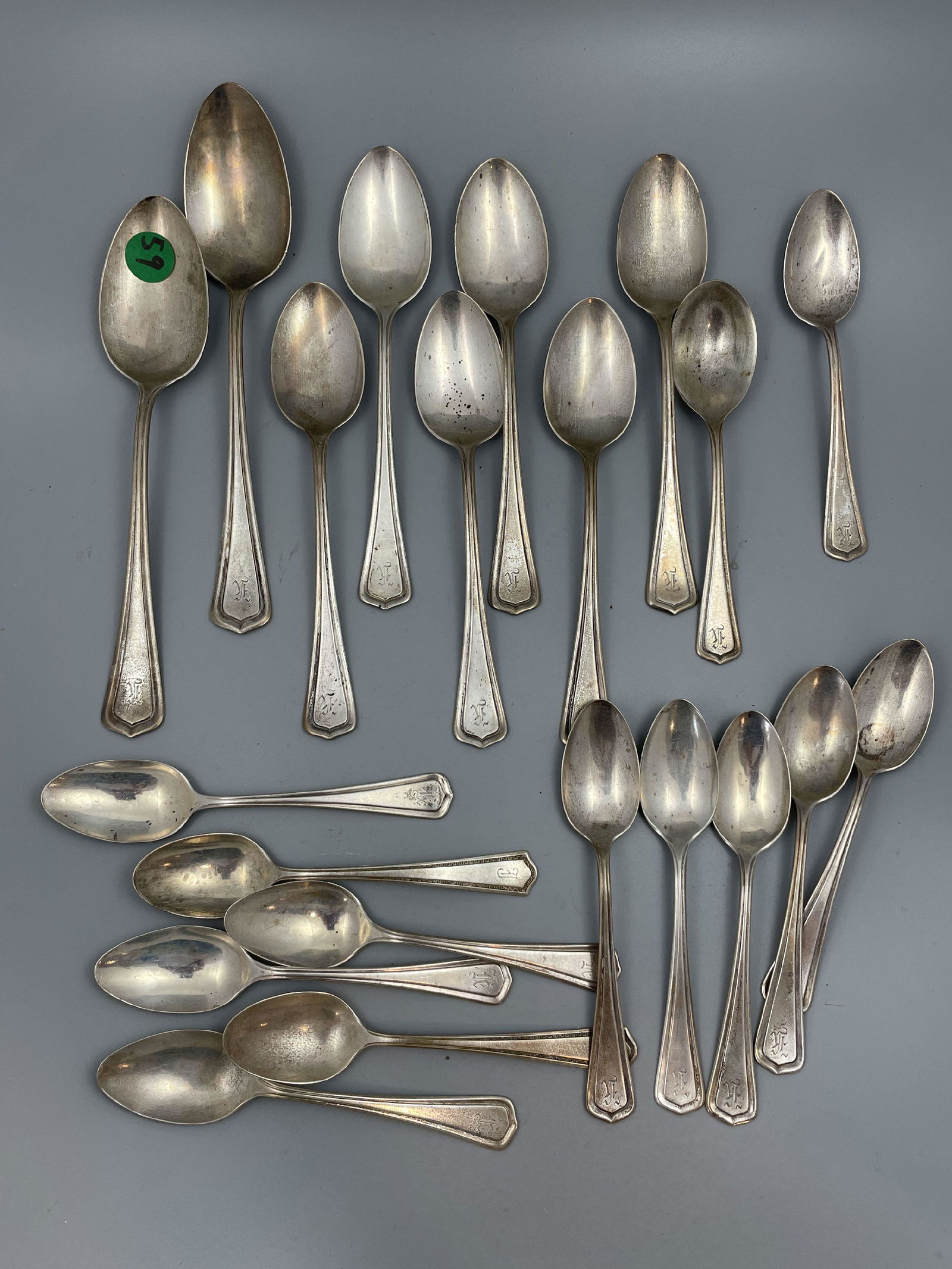 TWENTY ONE STERLING SILVER TEASPOONS AND SERVING SPOONS, 628 GRAMS (1 of 4)