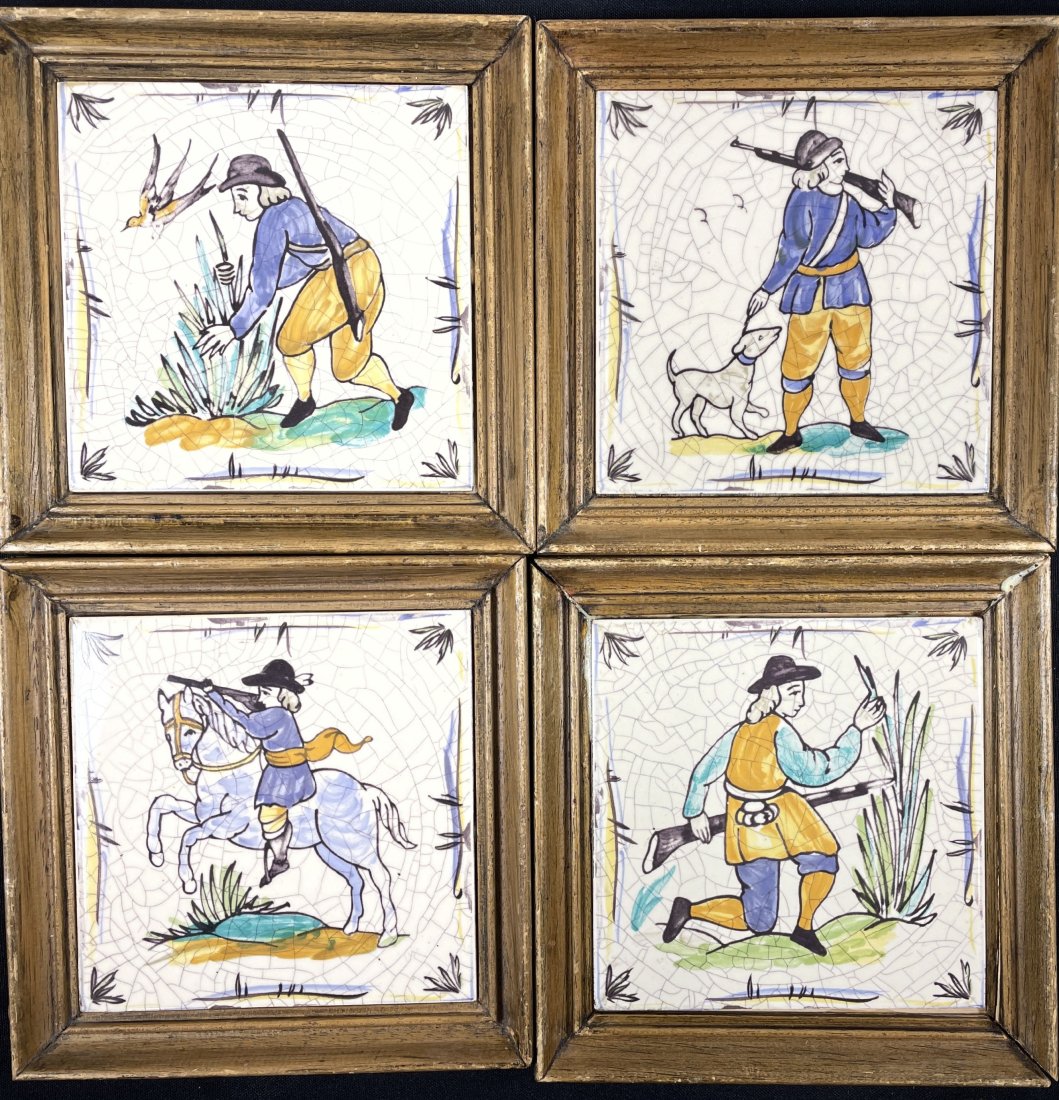FOUR FRAMED 19TH CENTURY ITALIAN MAJOLICA TILES, 7.5" X 7.5": FOUR FRAMED 19TH CENTURY ITALIAN MAJOLICA TILES, 7.5" X 7.5"
