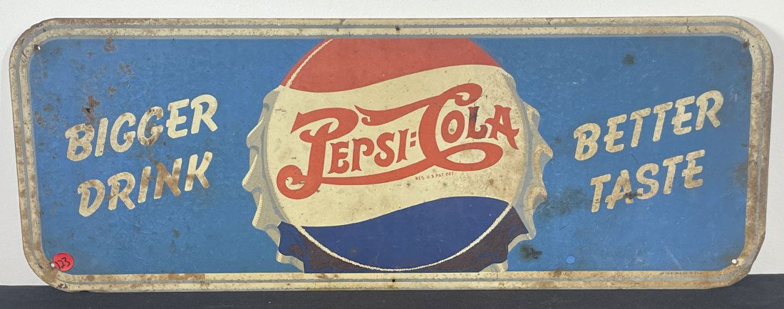 A PEPSI COLA PAINTED TIN BEVERAGE SIGN, 28.5" X 10.5" (1 of 4)