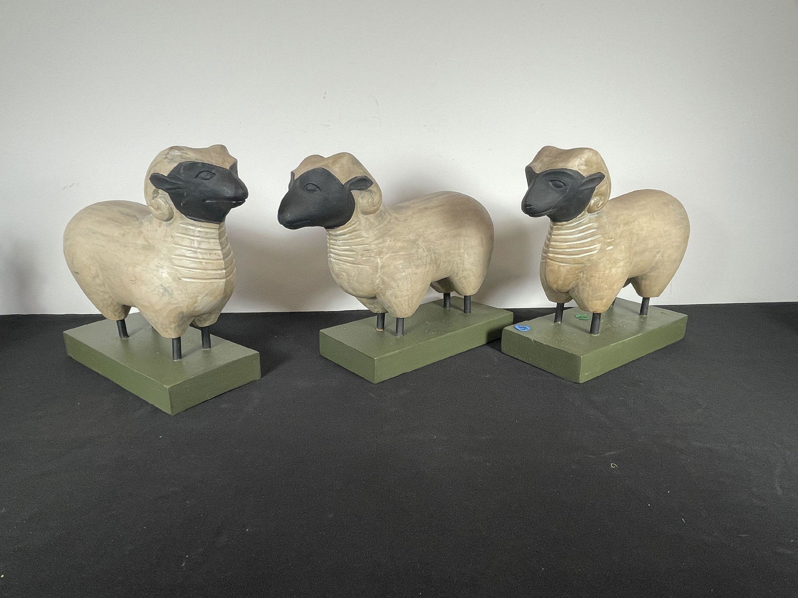 THREE CARVED AND PAINTED FOLK ART SHEEP, 13" X 11" X 5" EACH (1 of 6)