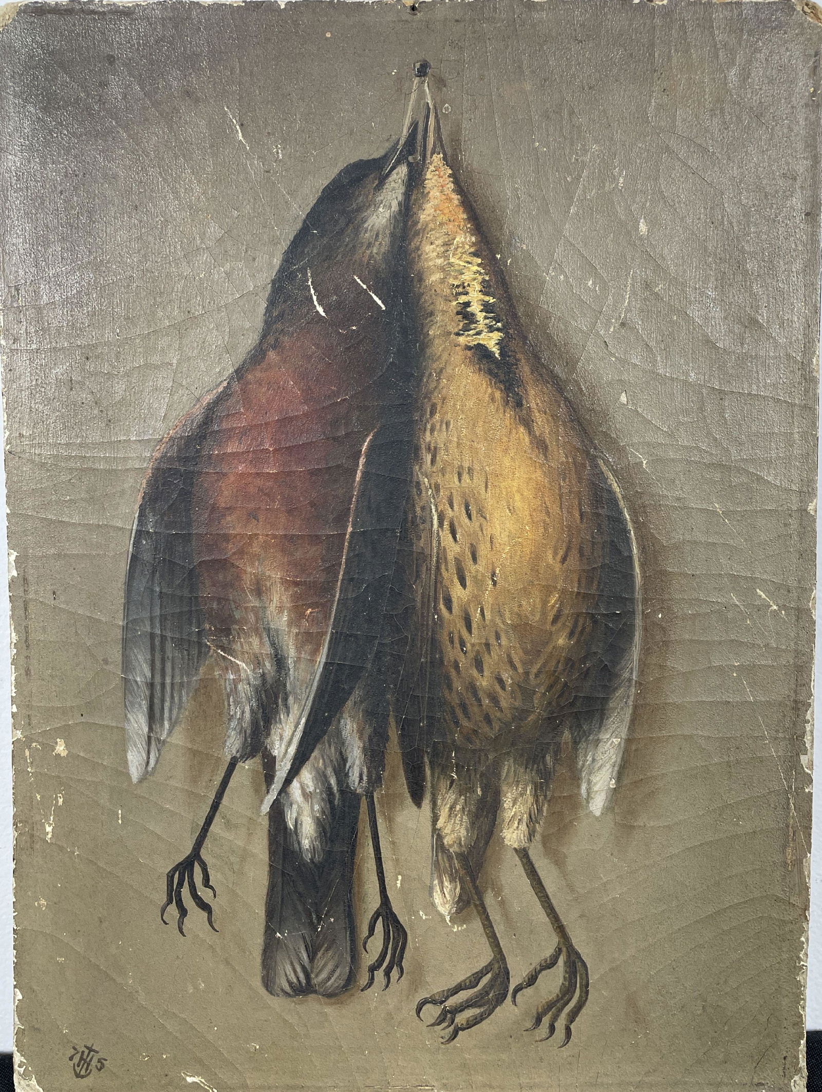 19TH CENTURY OIL ON PANEL STILL LIFE OF TWO BIRDS MONOGRAMMED TH 1875. (1 of 6)
