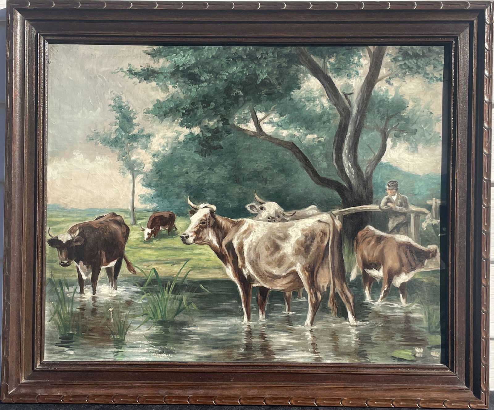 OIL PAINTING ON CANVAS OF COWS, UNSIGNED. 19.5" X 23.5" FRAMED AND 15" X 19.5" SIGHT (1 of 4)