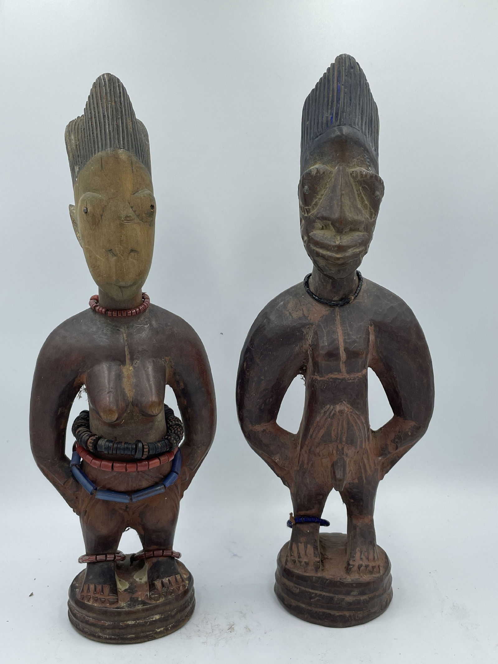 A PAIR OF EARLY YORUBA MALE AND FEMALE FIGURES WITH BEADS, 11" EACH  PROPERTY FROM THE PRIVATE (1 of 9)