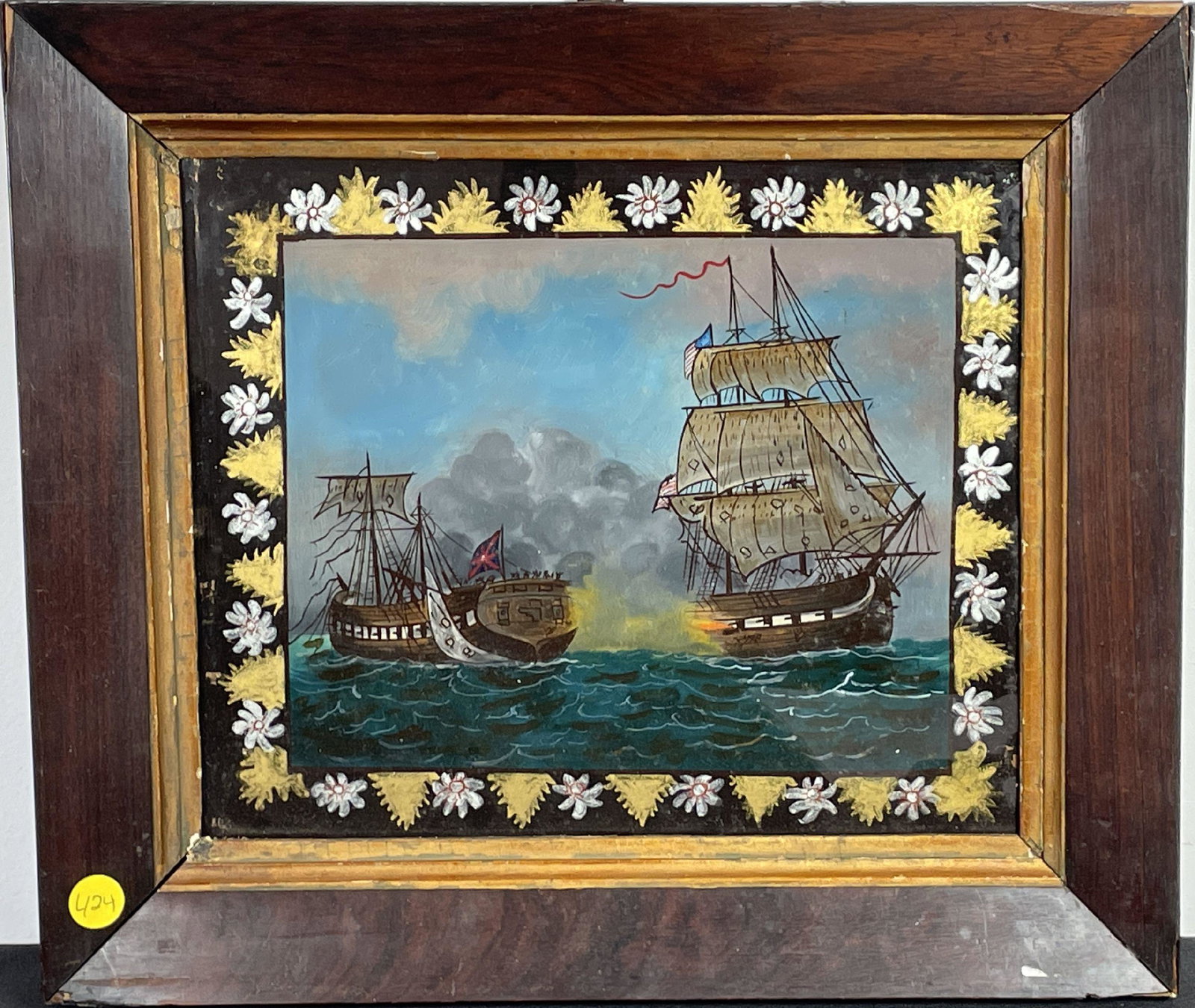 A REVERSE PAINTING ON GLASS OF REVOLUTIONARY SHIP BATTLE: A REVERSE PAINTING ON GLASS OF REVOLUTIONARY SHIP BATTLE, 14" X 16"