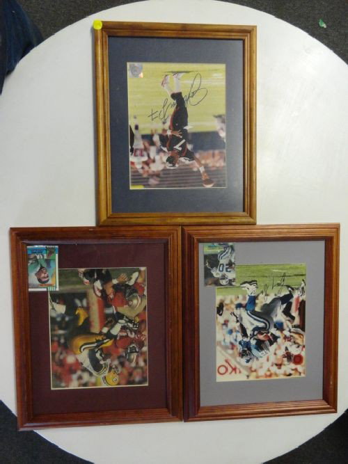3 FRAMED PHOTOS W/ AUTOGRAPHS: JOHN ELWAY, REG: 3 FRAMED PHOTOS W/ AUTOGRAPHS: JOHN ELWAY, REGGIE WHITE, BARRY SANDERS