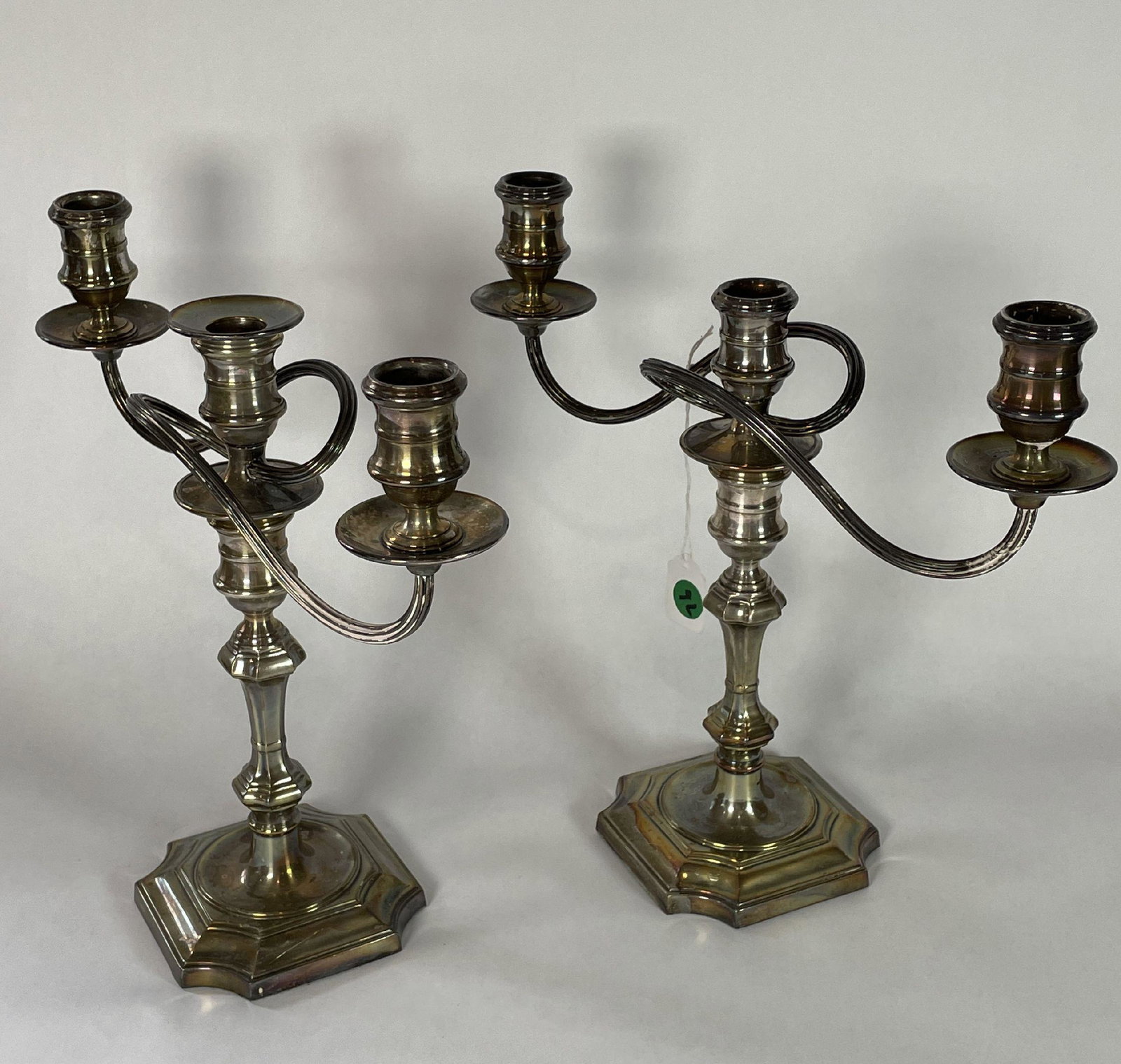 A PAIR OF SHEFFIELD THREE ARM CANDLEABRA MARKED BARKER ELLIS: A PAIR OF SHEFFIELD THREE ARM CANDLEABRA MARKED BARKER ELLIS