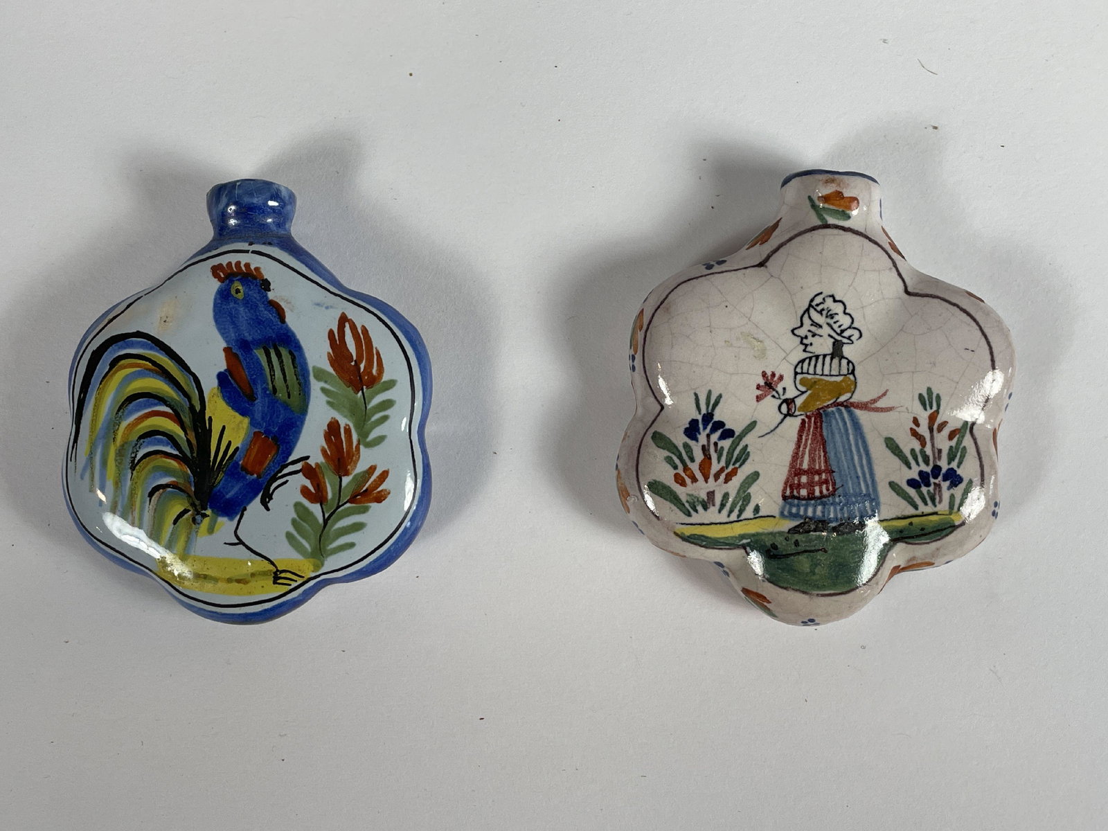 TWO EARLY QUIMPER SNUFF BOTTLES, 3" EACH (1 of 2)