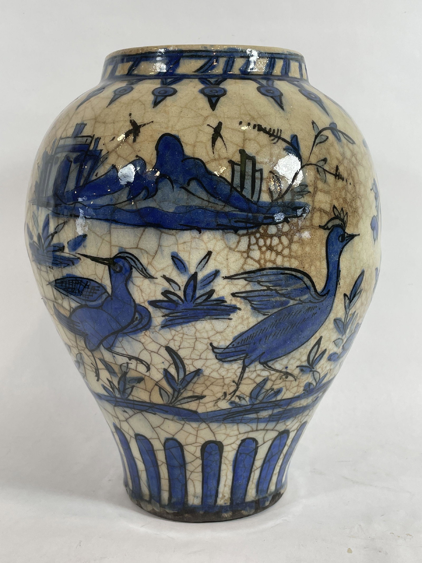 A LARGE ANTIQUE PERSIAN OR CHINESE BLUE AND WHITE POTTERY VASE, 9" DIAMETER X 12" TALL (1 of 11)