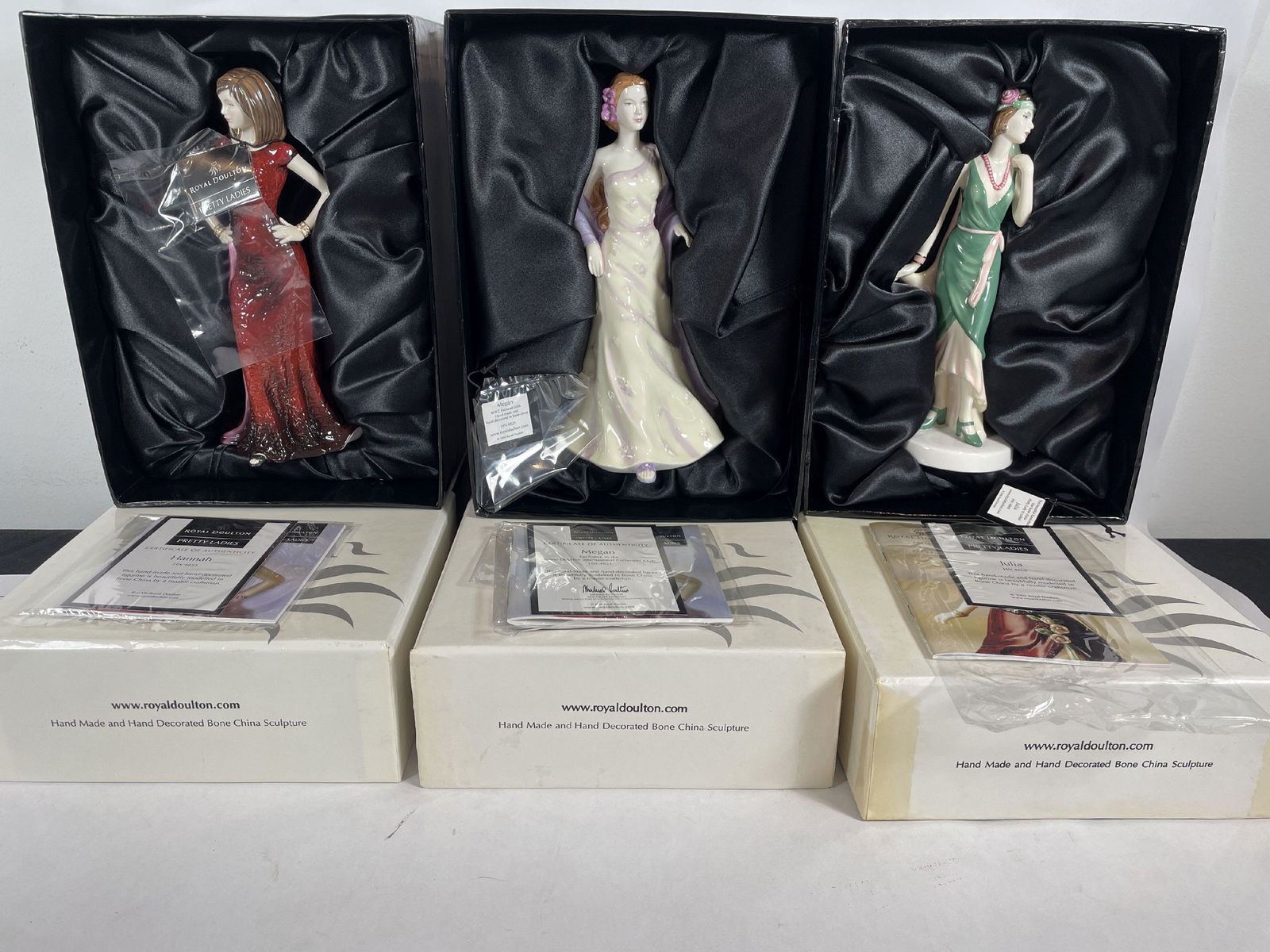 THREE ROYAL DAULTON FIGURES IN BOXES; JULIA 4868, MEGHAN 4821, AND HANNAH 4855 (1 of 7)