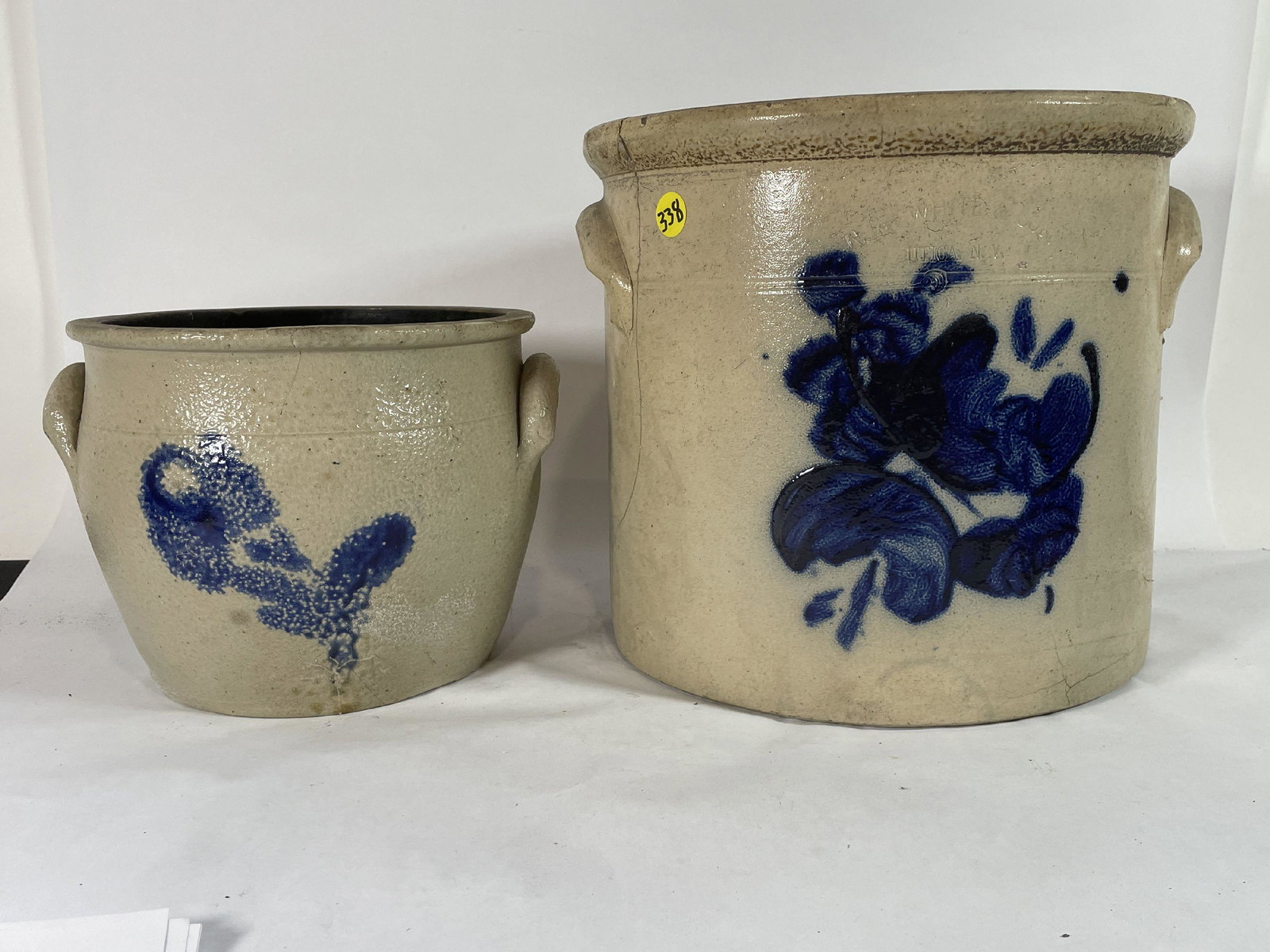 A WHITE AND SON UTICA, NY 3 GALLON BLUE DECORATED STONEWARE CROCK AND A 1 GALLON BLUE DECORATED (1 of 8)