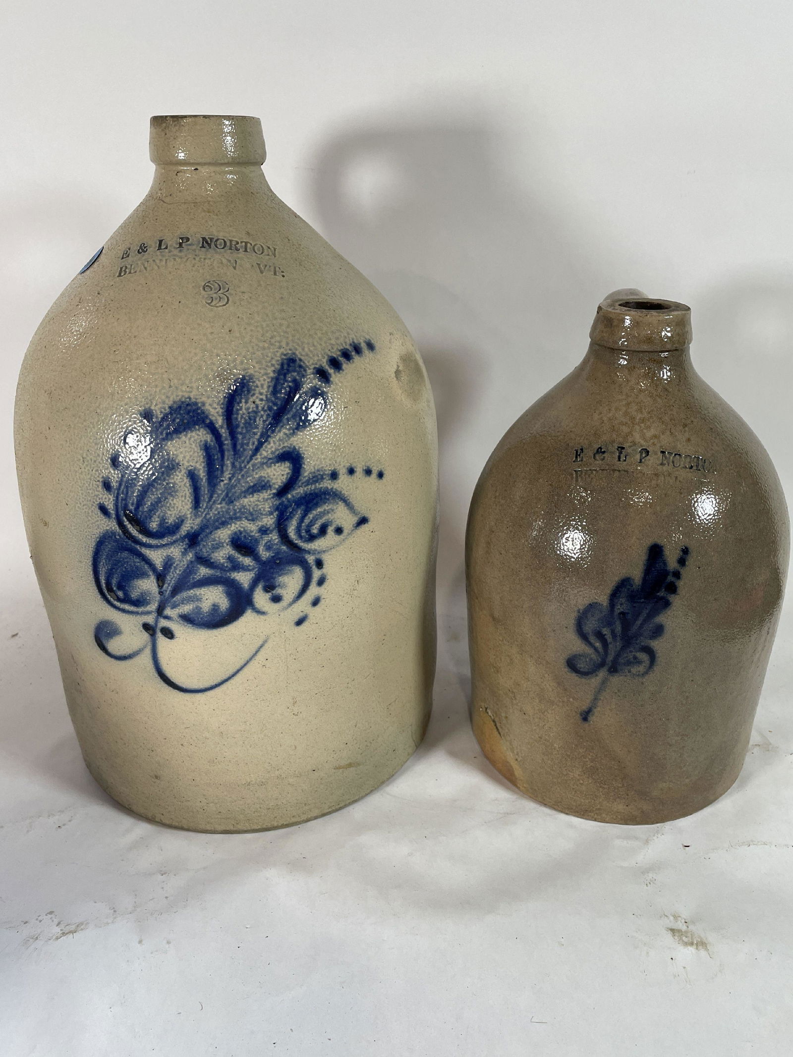 TWO E AND LP NORTON BENNINGTON, VT JUGS, 1 GALLON AND THREE GALLONS. 7" X 11" AND 10" X 15" (1 of 3)