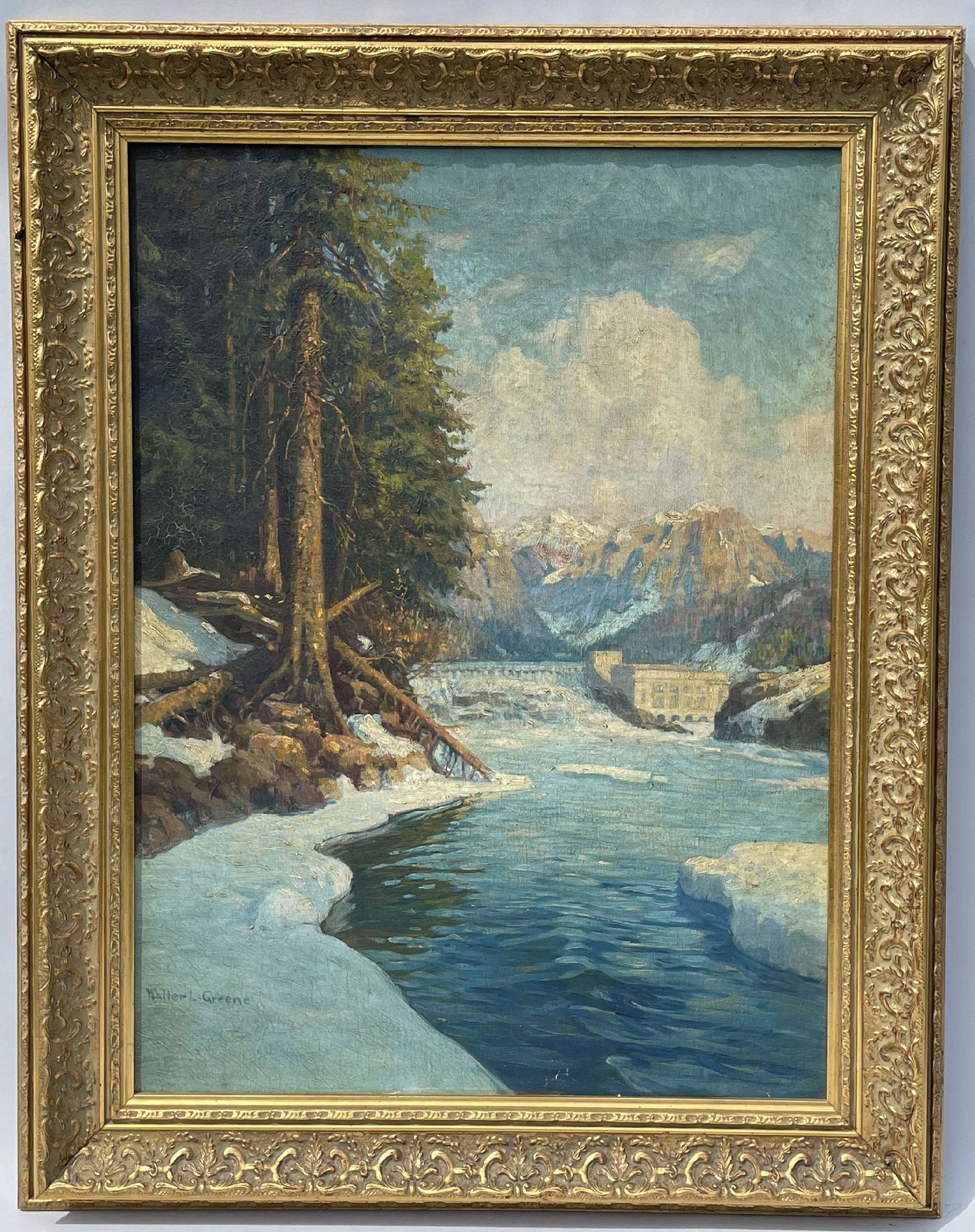 WALTER L GREEN OIL PAINTING ON CANVAS FOR A RAILROAD TRAVEL POSTER, 26" X 33.5"FRAMED AND 19" X (1 of 12)