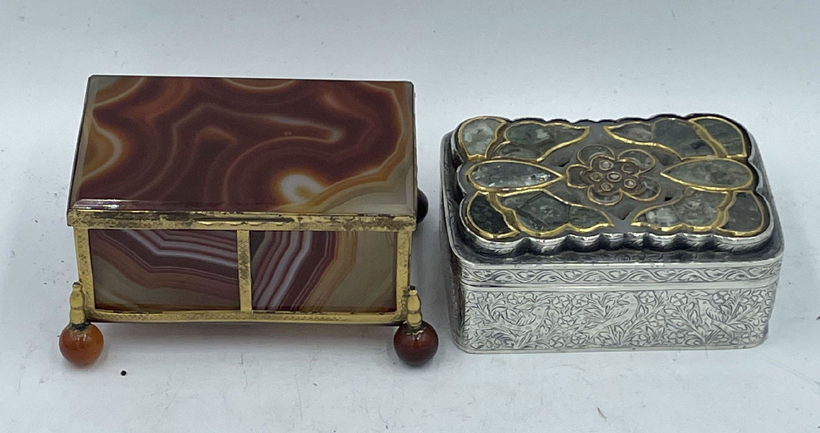 A CHINESE SILVER BOX WITH WHITE JADE PLAQUE MOUNTED WITH GOLD , DIAMONDS AND SEMI PRECIOUS STONES (1 of 8)