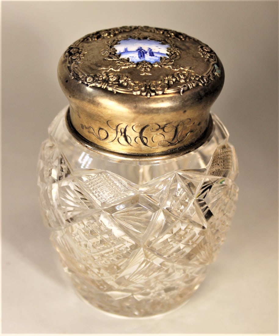 THEODORE B. STAR STERLING SILVER ENAMEL ART GLASS DRESSER JAR, 4.5" (1 of 6)