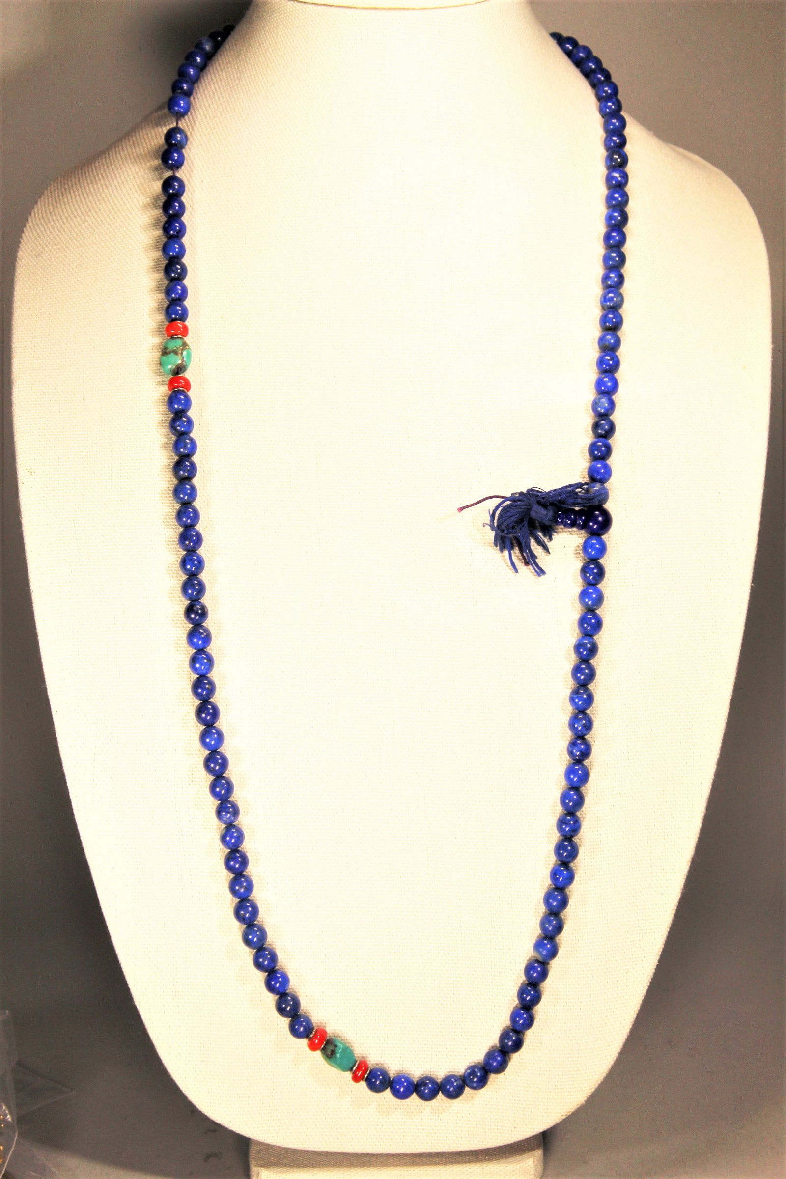 CHINESE LAPIS, CORAL, TURQOUISE PRAYER BEAD NECKLACE, 36" LONG (1 of 3)