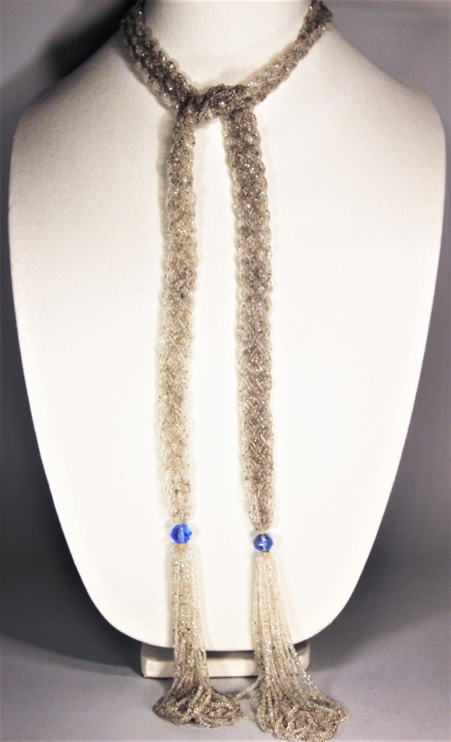 LATE 19TH C. VICTORIAN MICRO GLASS BEADED BRAIDED LARIAT NECKLACE, CLEAR AND BLUE BEADS. 46" (1 of 4)