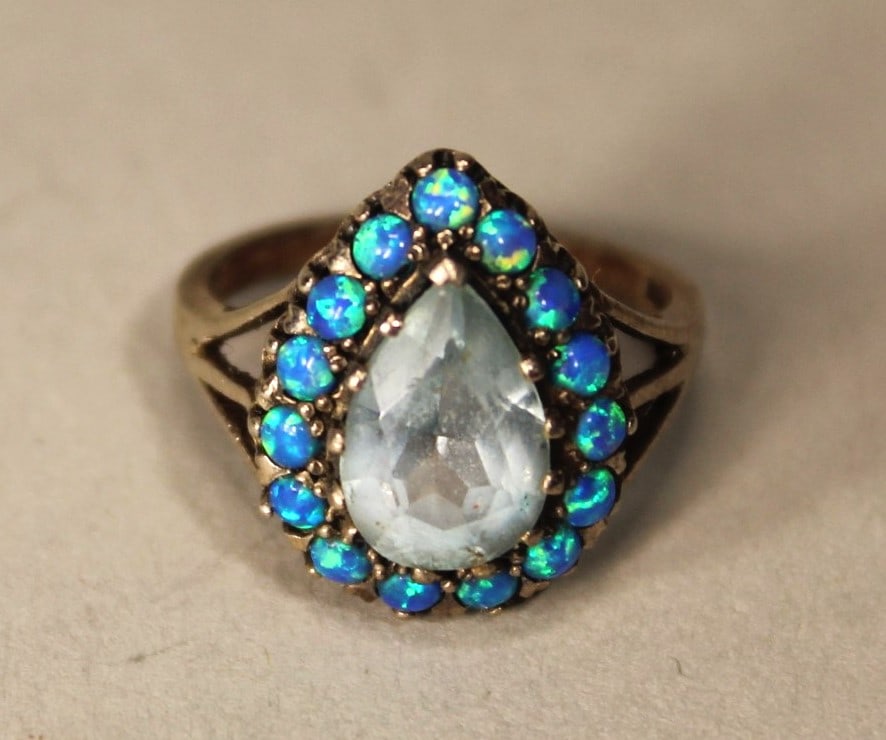 LADIES RING SIZE 6, BLUE TOPAZ AND OPAL STONES, PEAR SHAPE DESIGN (1 of 3)