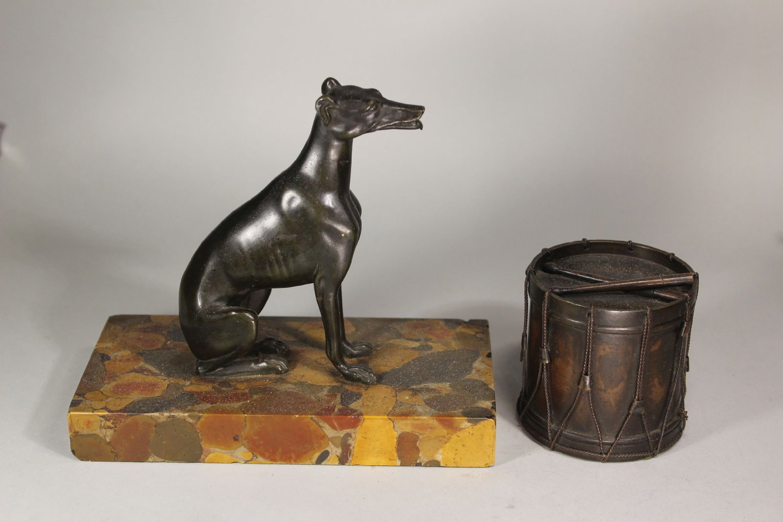 BRONZE WHIPPET ON MARBLE PLINTH ALONG WITH BRONZE CAST FIELD DRUM, 6.5" AND 3" RESPECTIVELY (1 of 3)