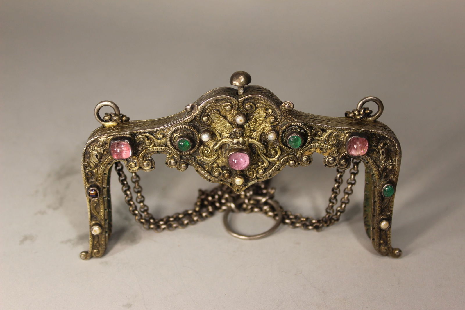 VERY EARLY SOLID SILVER AND TOURMALINE PURSE FRAME HAVING CHERUB FIGURE, 5" WIDE BEJEWELED WITH (1 of 5)
