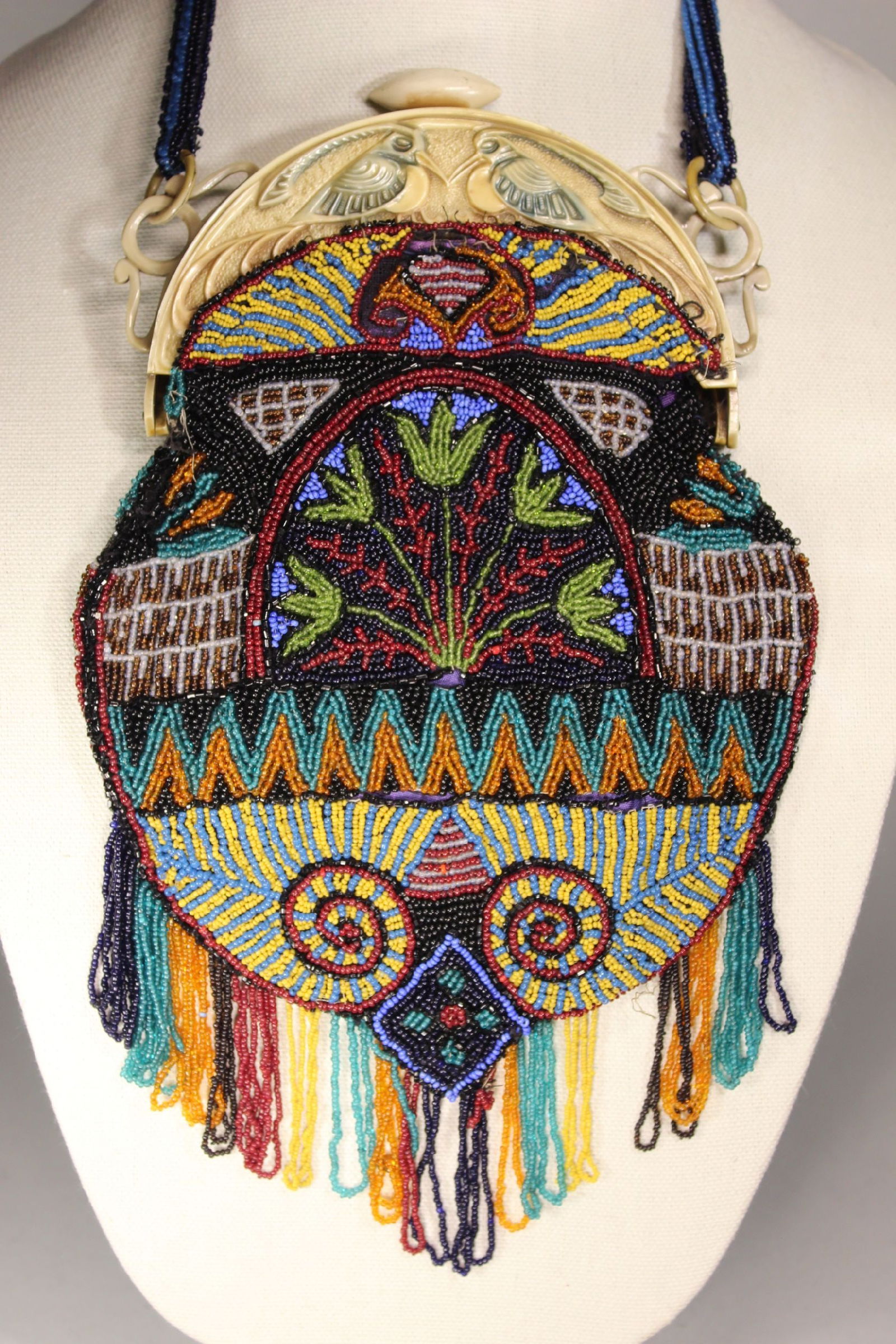 ART DECO EGYPTIAN REVIVAL BEADED BAG PURSE, CELLULOID FRAME W/ BIRDS. 7" X 11" (1 of 5)