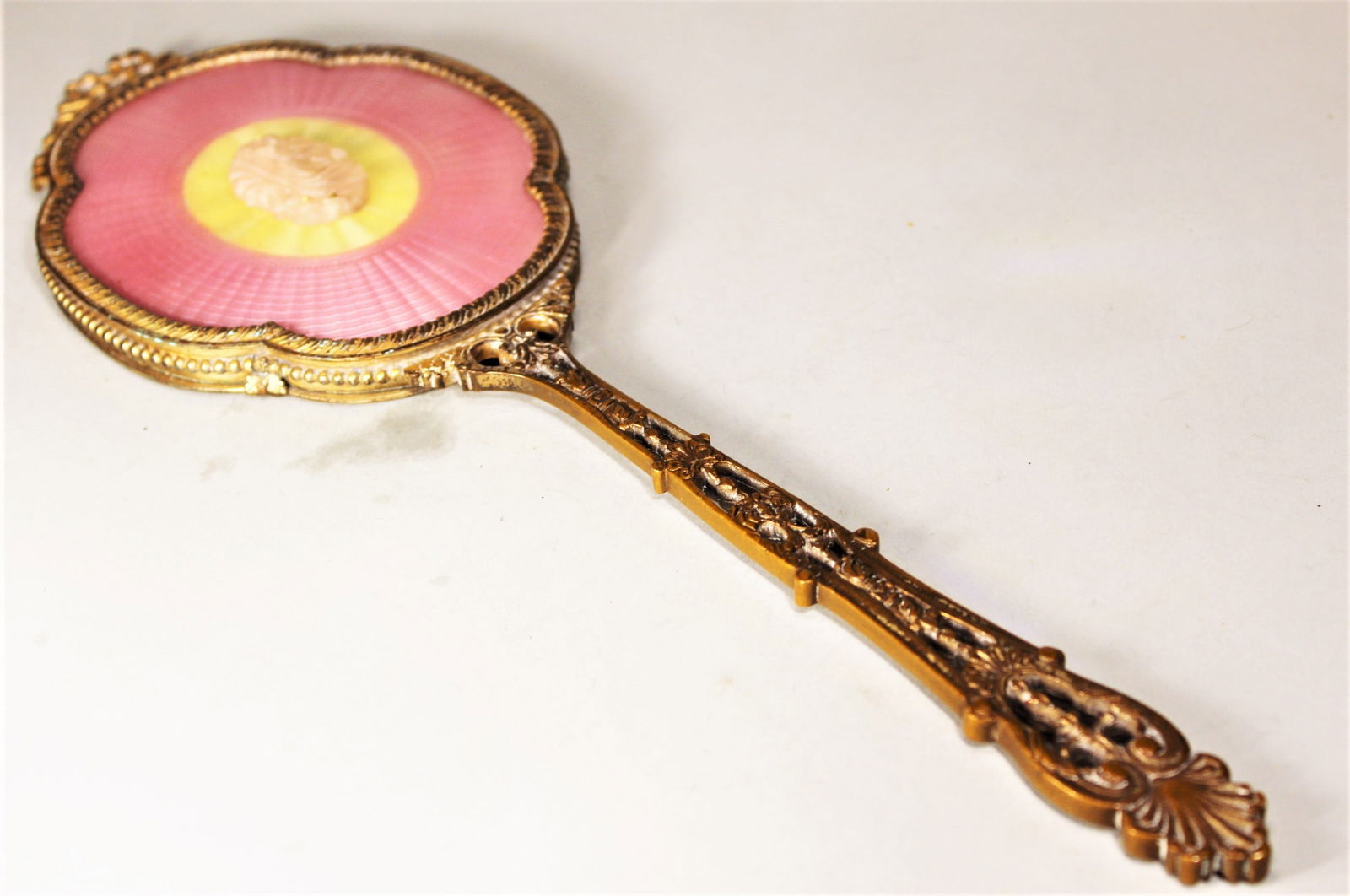 FRENCH GUILLOCHE ENAMEL AND ROSE QUARTZ CHINESE STONE HAND MIRROR, 14" (1 of 3)