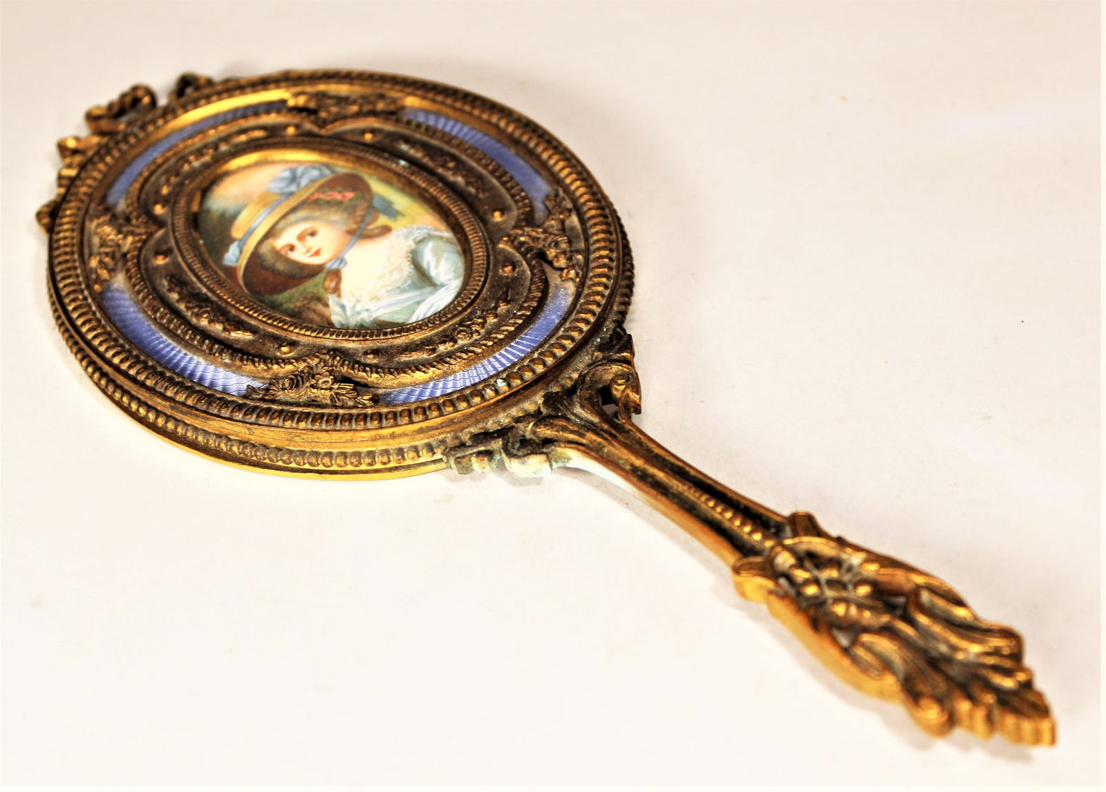 FRENCH GILT BRONZE HAND MIRROR GUILLOCHE ENAMEL W/ MINIATURE HP PORTRAIT, 10.5". VERDIGRIS TO BACK (1 of 3)
