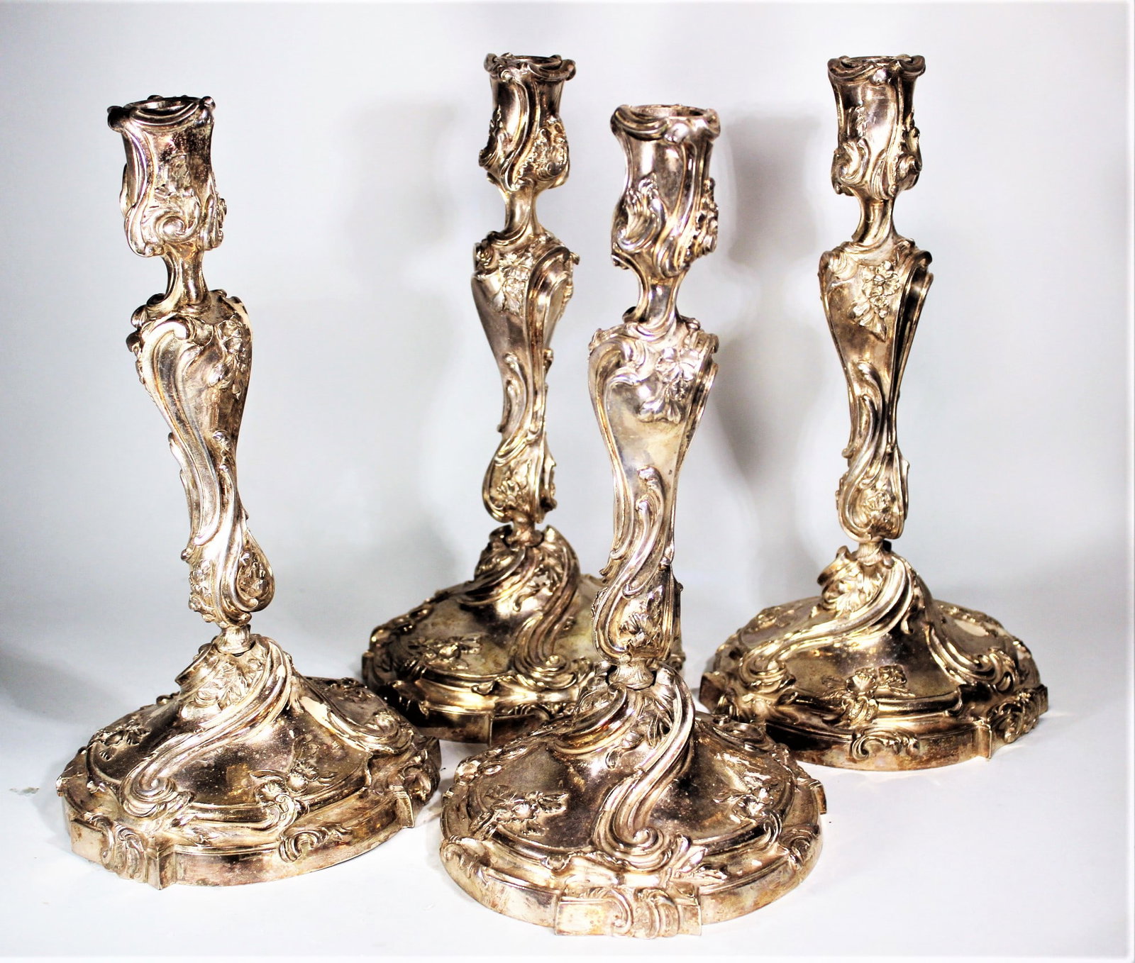 TWO PAIR SILVER OVER BRONZE LOUIS XV ROCOCO CANDLESTICKS SIGNED "HV", 12" EACH (1 of 4)