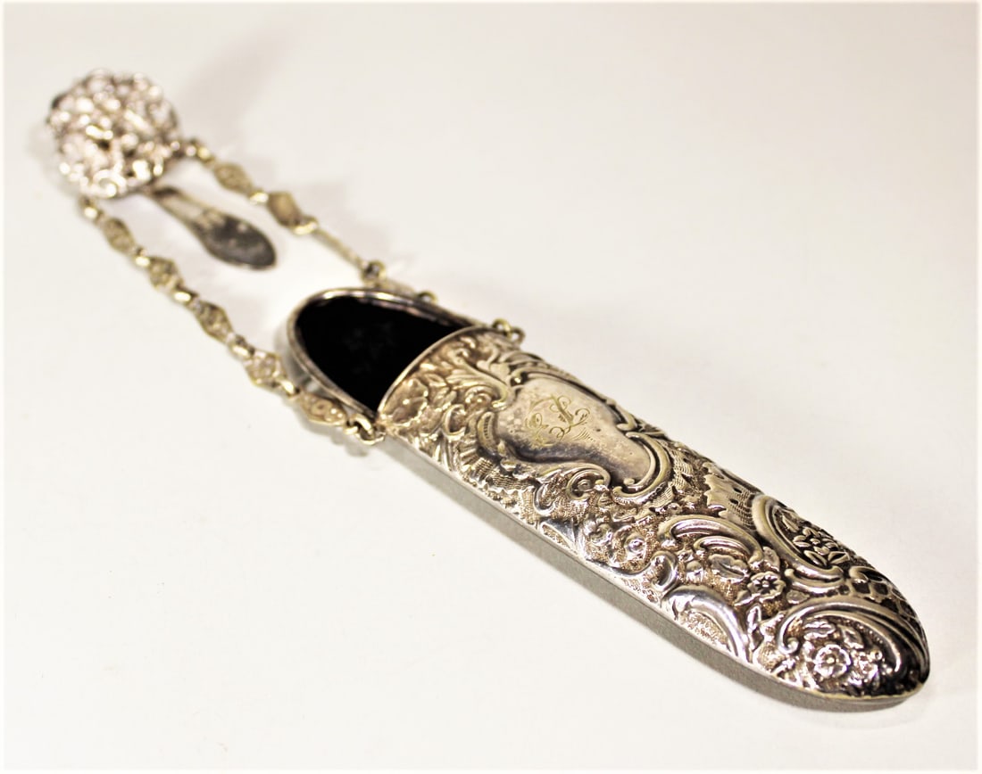 CONTINENTAL SILVER EYEGLASS CASE CHATELAINE HALLMARK, 9.5". REPOUSSE ? (1 of 5)