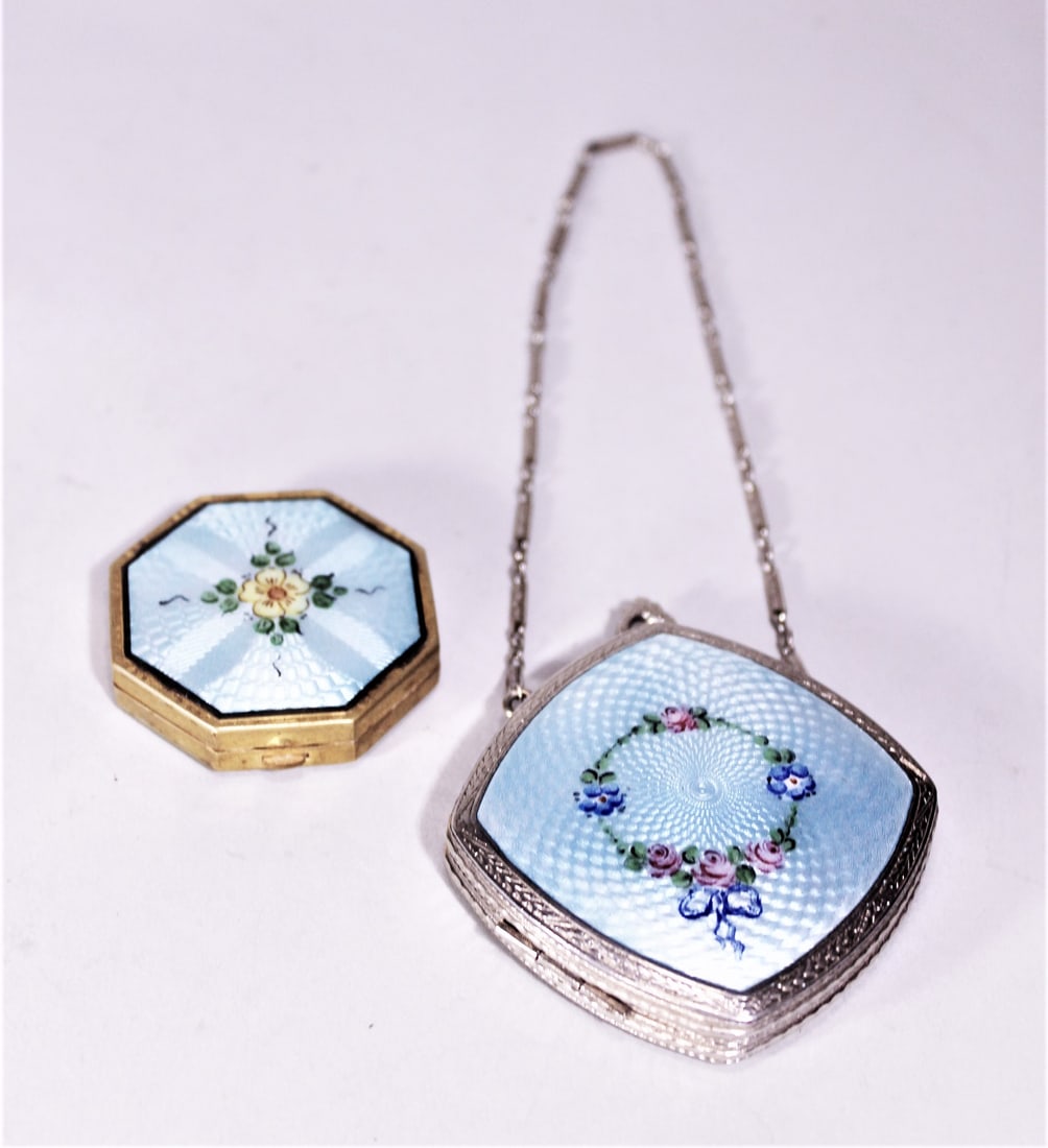 2 GUILLOCHE FRENCH ENAMEL LADIES COMPACTS IN LIGHT BLUE, 2.75" AND 1.75" (1 of 4)