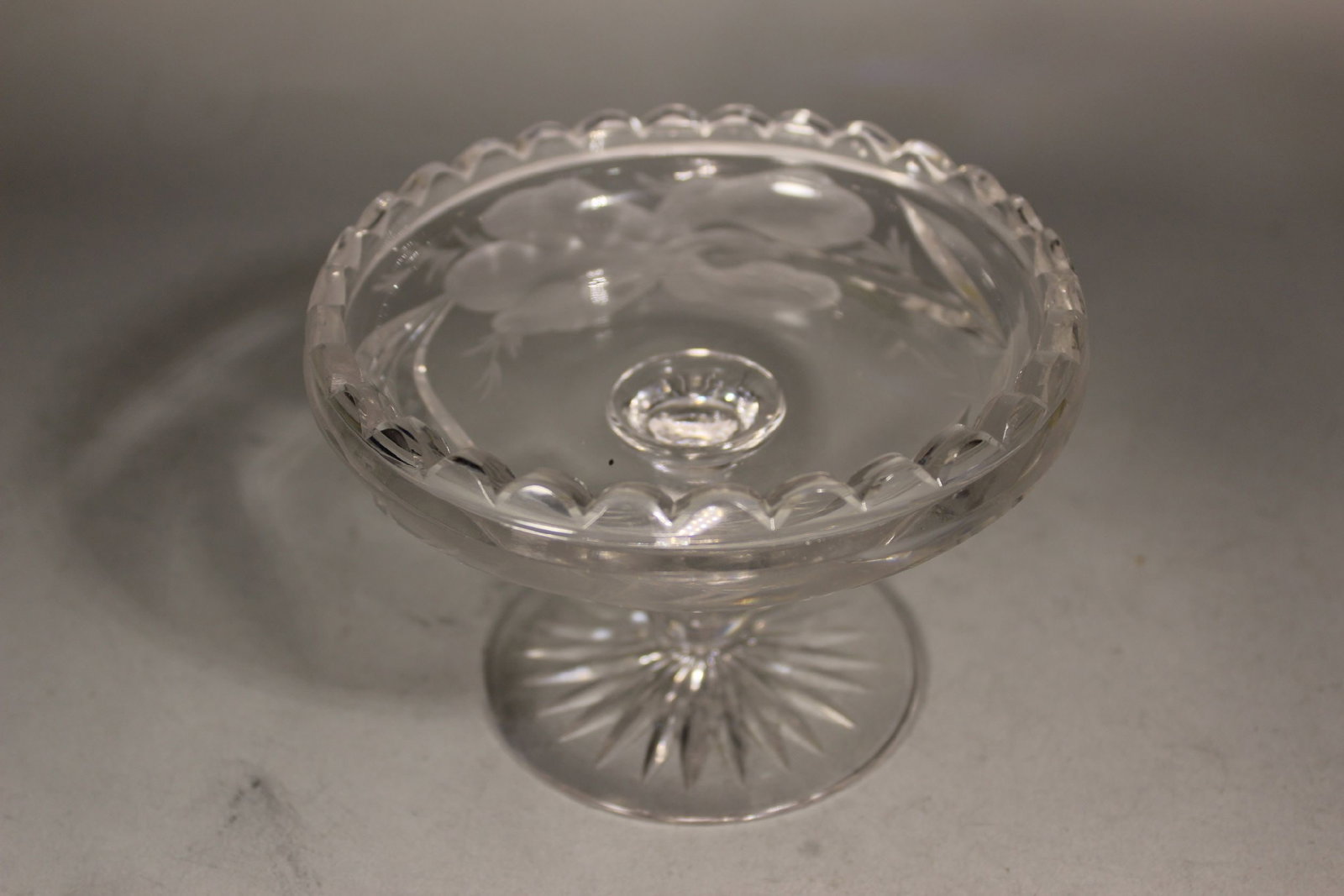 SIGNED HAWKES CUT GLASS INTAGLIO COMPOTE, IRIS PATTERN, 6" TALL x 3 1/2" WIDE (1 of 5)