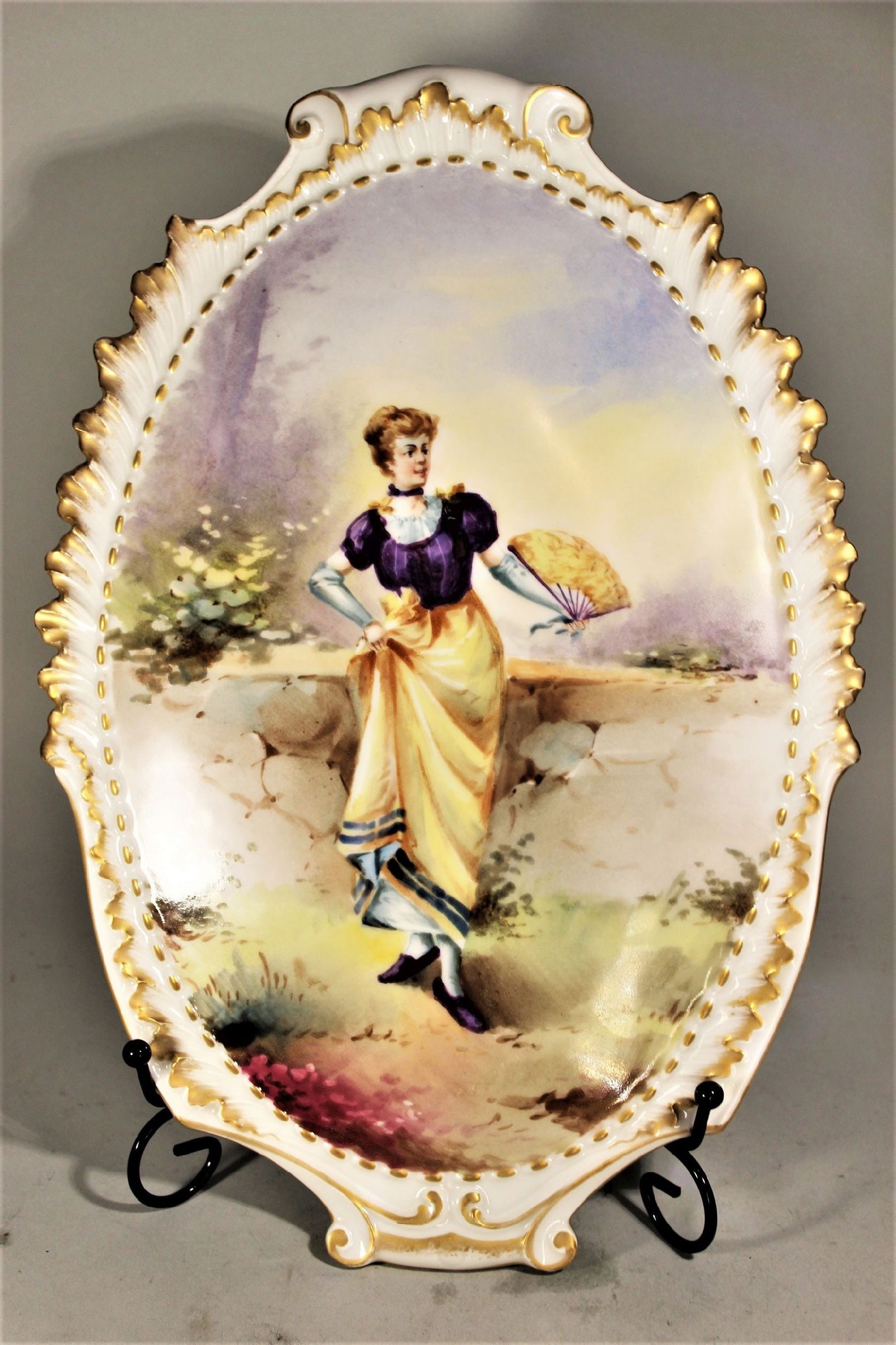 LIMOGES HAND PAINTED PORTRAIT WALL PLAQUE, WOMAN HOLDING A FAN, 13" x 9", EX. COND. 19TH. C. (1 of 5)