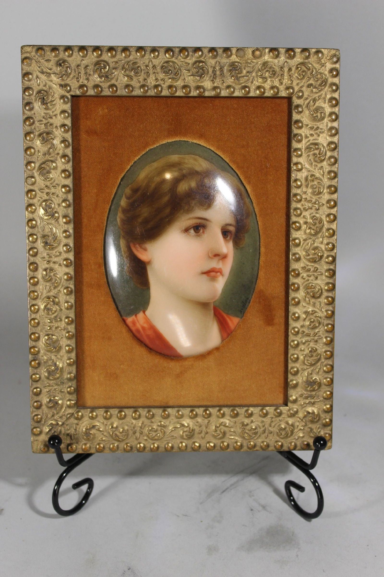 ARTIST SIGNED GERMAN CONVEX HAND PAINTED PORCELAIN PORTRAIT PLAQUE, SIGNED LOWER RIGHT, FRAME 8 1/2" (1 of 5)