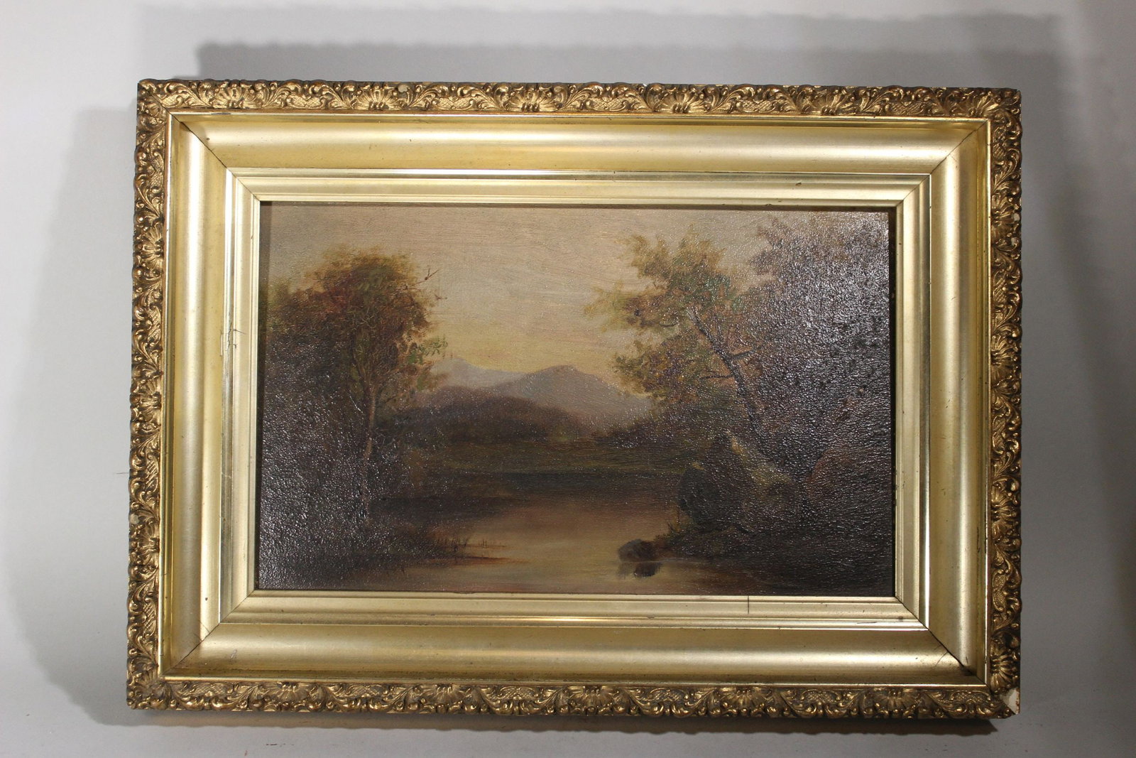 VICTORIAN HUDSON RIVER SCHOOL PAINTING ON BOARD OF LANDSCAPE, FRAME 15" x 11 1/2". (1 of 5)