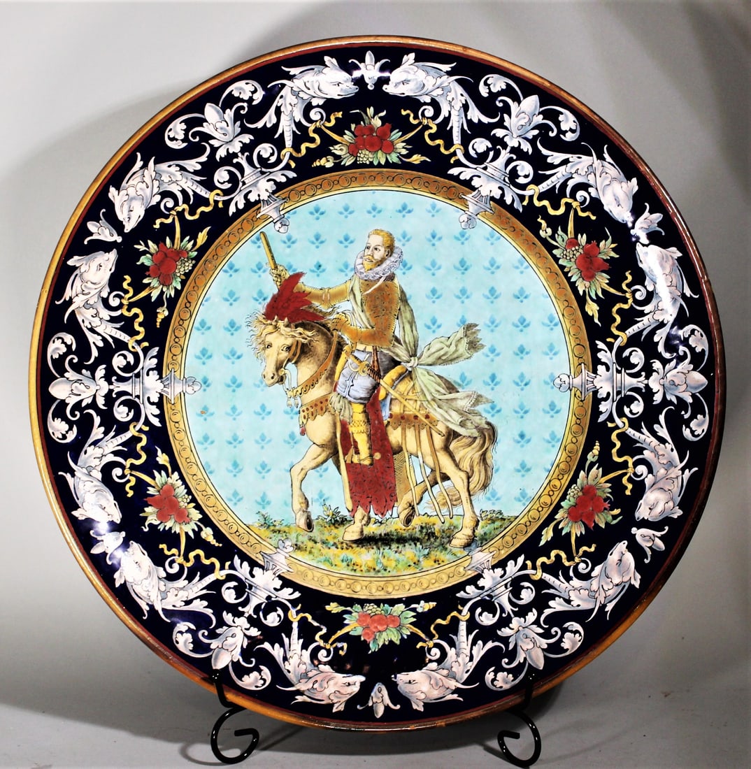 ULYSSE A BLOIS, E BALON, FRENCH FAIENCE CHARGER OF NOBLEMAN ON HORSEBACK, 15 1/2" DIAMETER. (1 of 6)
