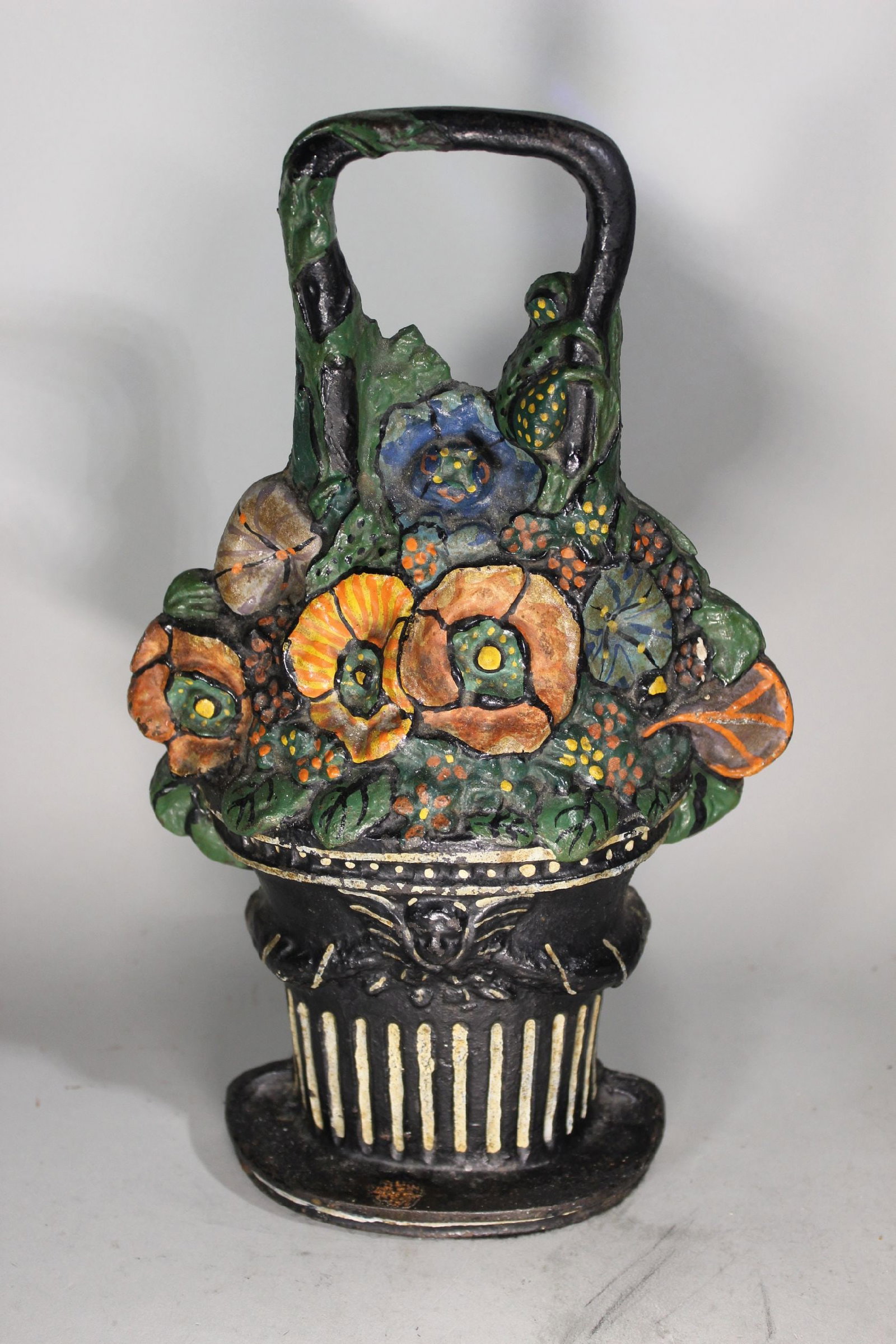 ANTIQUE ORIGINAL PAINT, BASKET OF FLOWERS DOORSTOP W ANGEL, 11 1/2" TALL, VERY HEAVY (1 of 2)